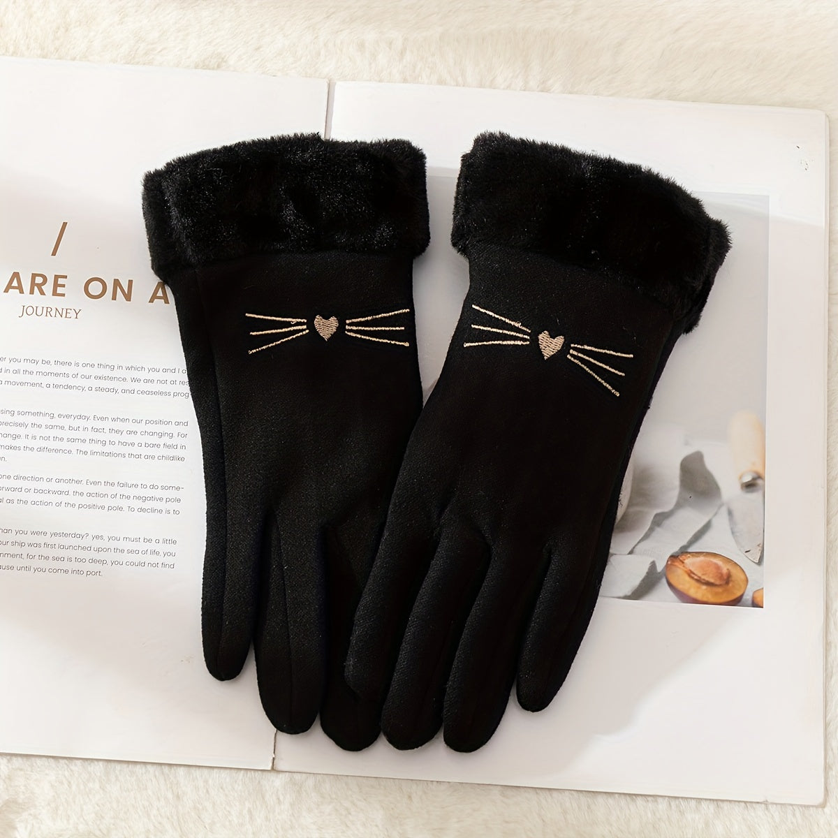 Cozy Women's Suede Gloves with Cute Cat Design - Warm Fleece-Lined Winter Gloves with Plush Cuffs, Touchscreen Compatible & Windproof