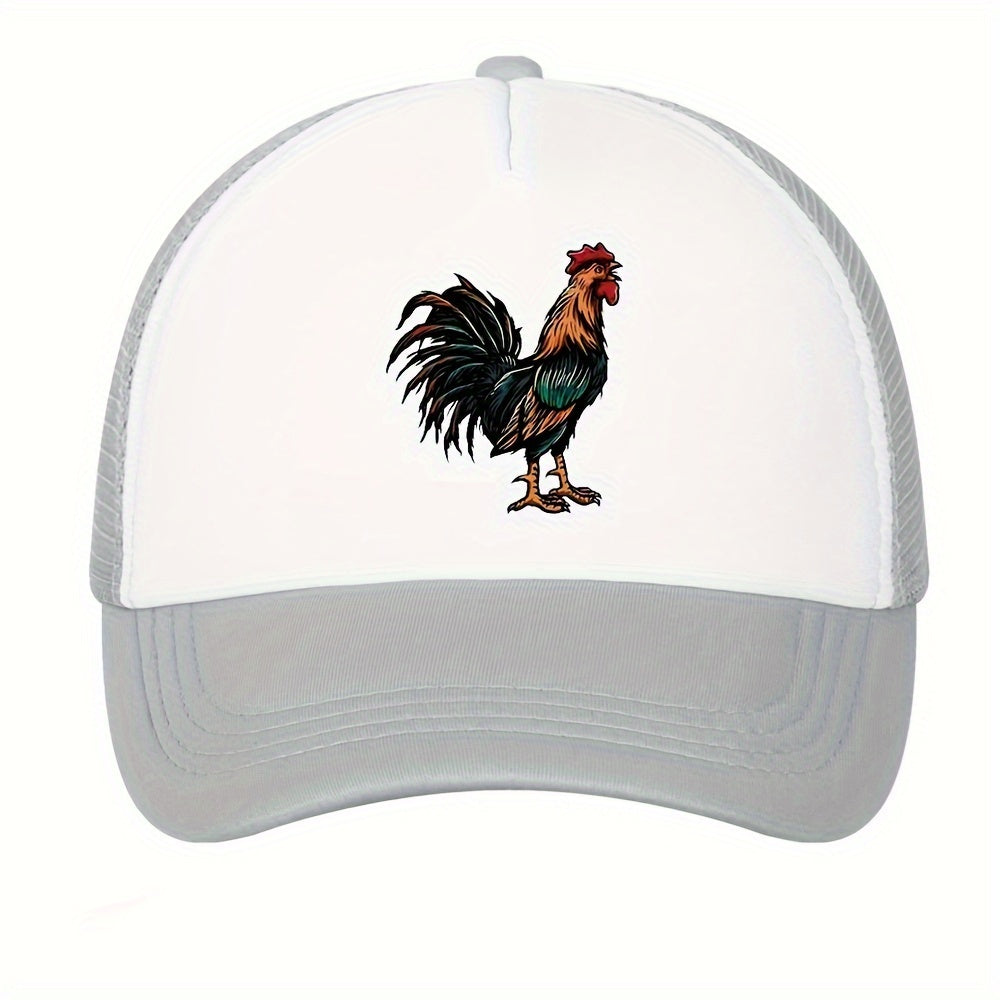 Retro Rooster Print Curved Brim Baseball Cap - Breathable Mesh Trucker Hat with Snapback Closure, Perfect for Casual Leisure Outdoor Sports, Unisex Fashion Accessory for Summer, Spring, and Fall