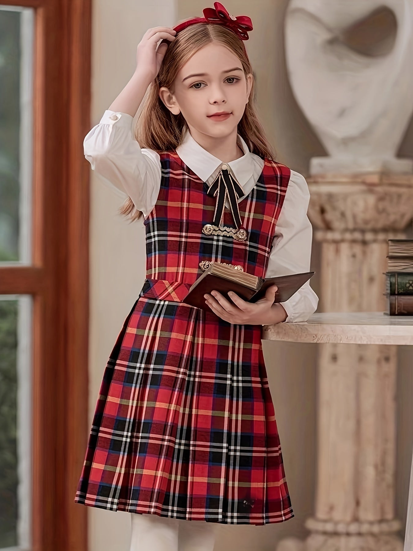Girls' Vintage Plaid Dress - Classic School Uniform, Perfect for Spring, Fall, and Christmas, Ideal Gift for School Girls