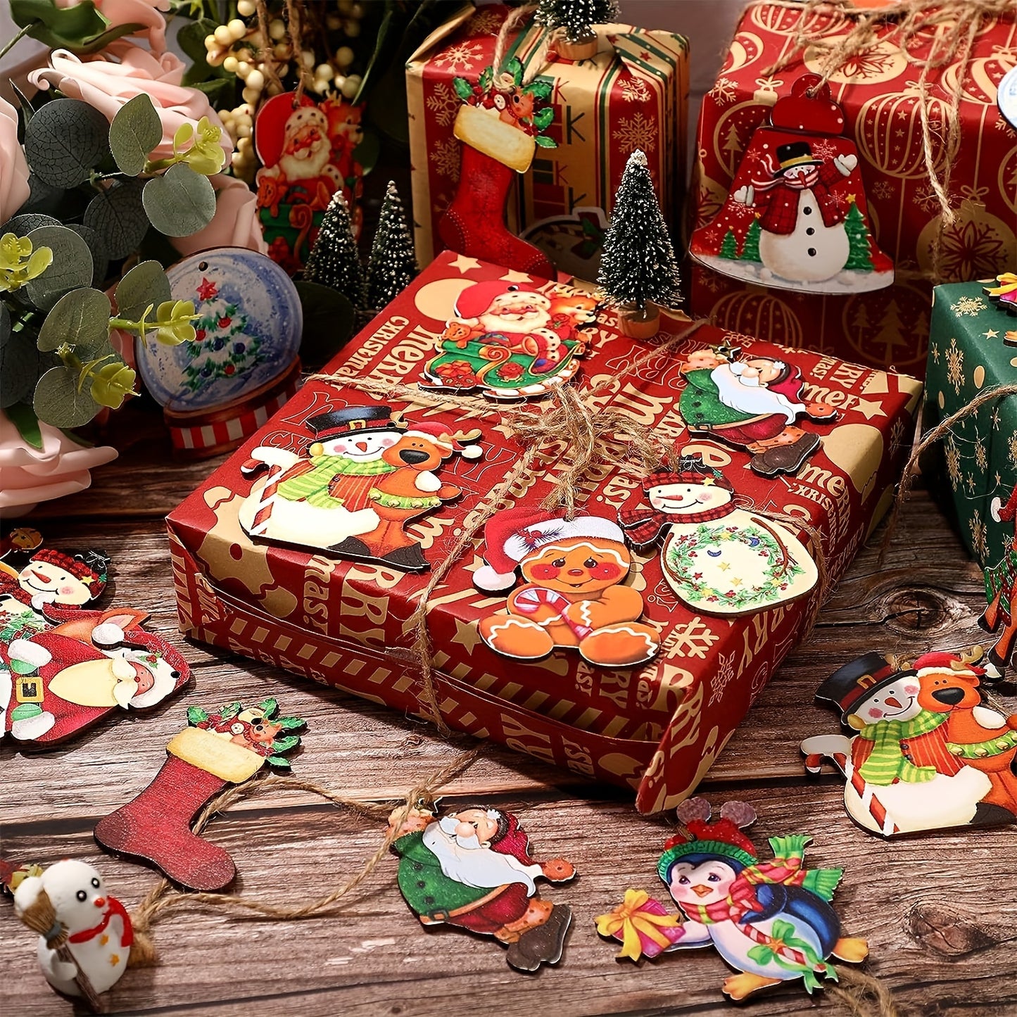 24pcs Wooden Christmas Ornaments, Farmhouse Style Hanging Decor, Vintage Santa Snowman Pendants for Home Party