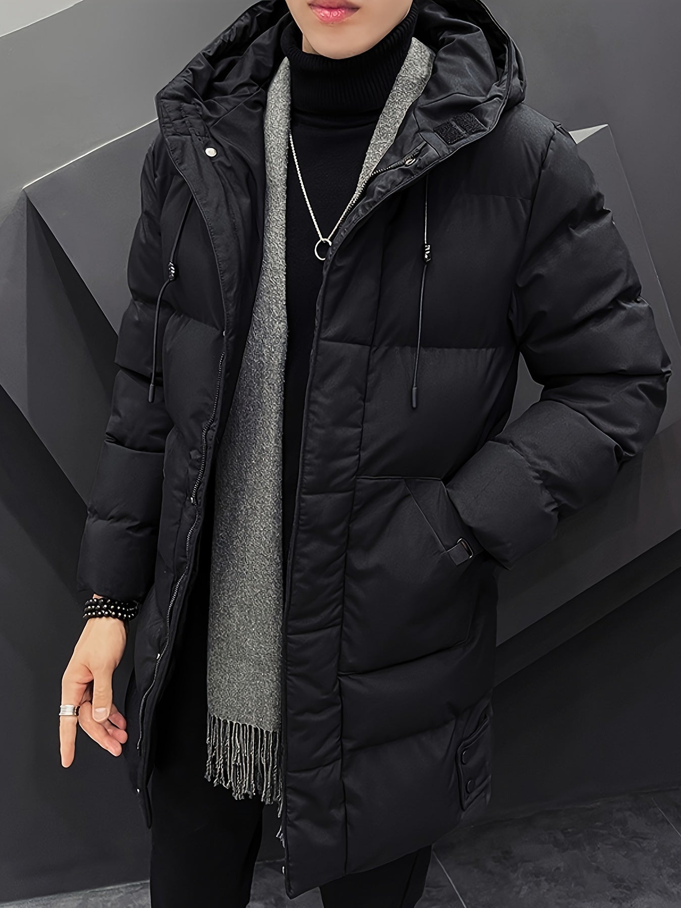 Men's Warm Puffer Coat, Casual Slightly Stretch Breathable Hooded Down Jacket For Outdoor Winter