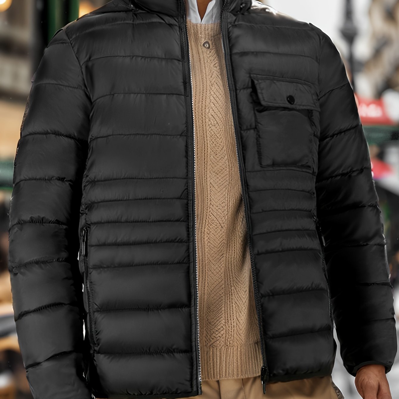 Men's Solid Color Hooded Puff Jacket, Long Sleeve Stand Collar Comfy Warm Trendy Winter Faux Down Coat As Gift