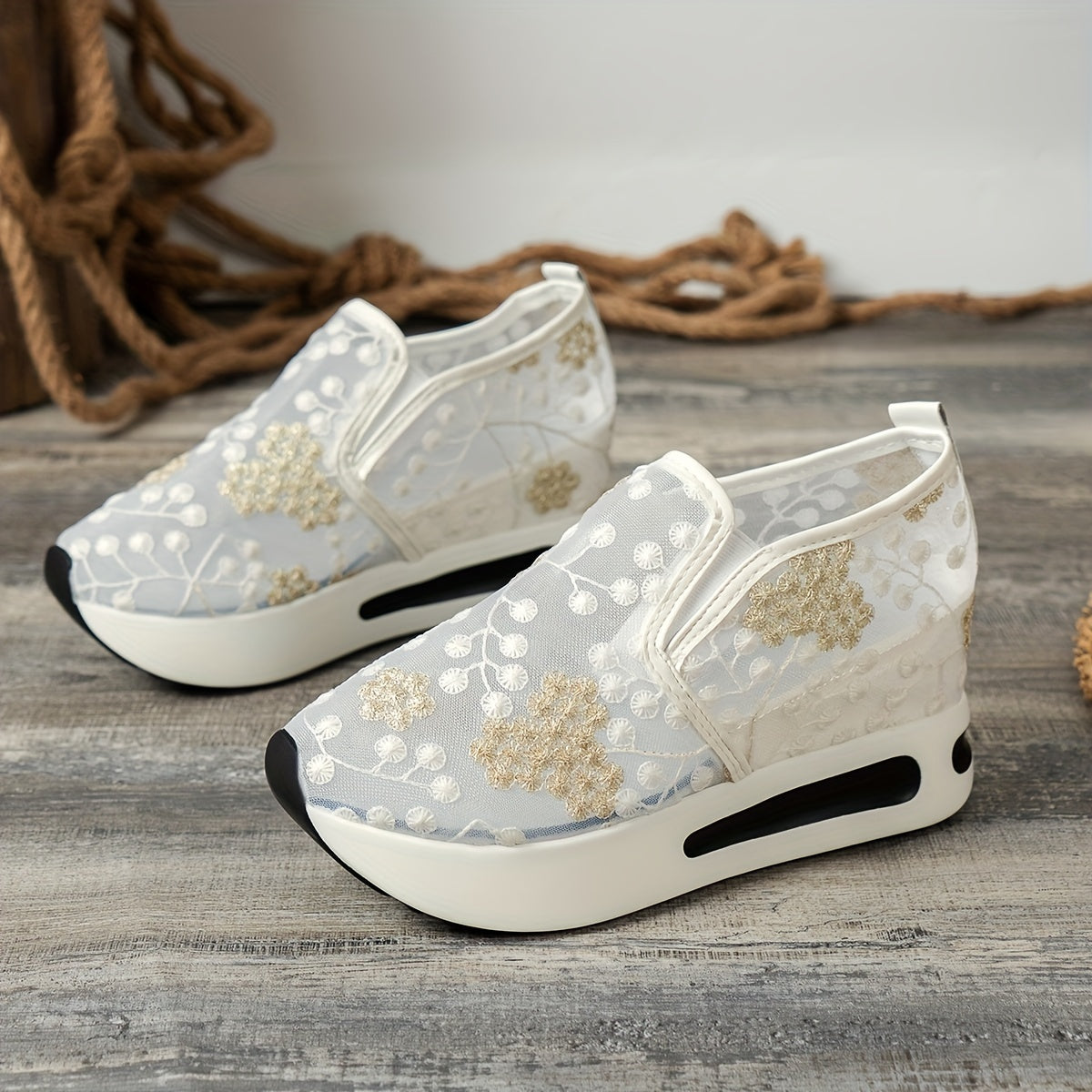 Womens Floral Lace Charm - Casual Height Enhancing Slip-On Shoes with Stylish Platform - Versatile Low Top for Everyday Elegance