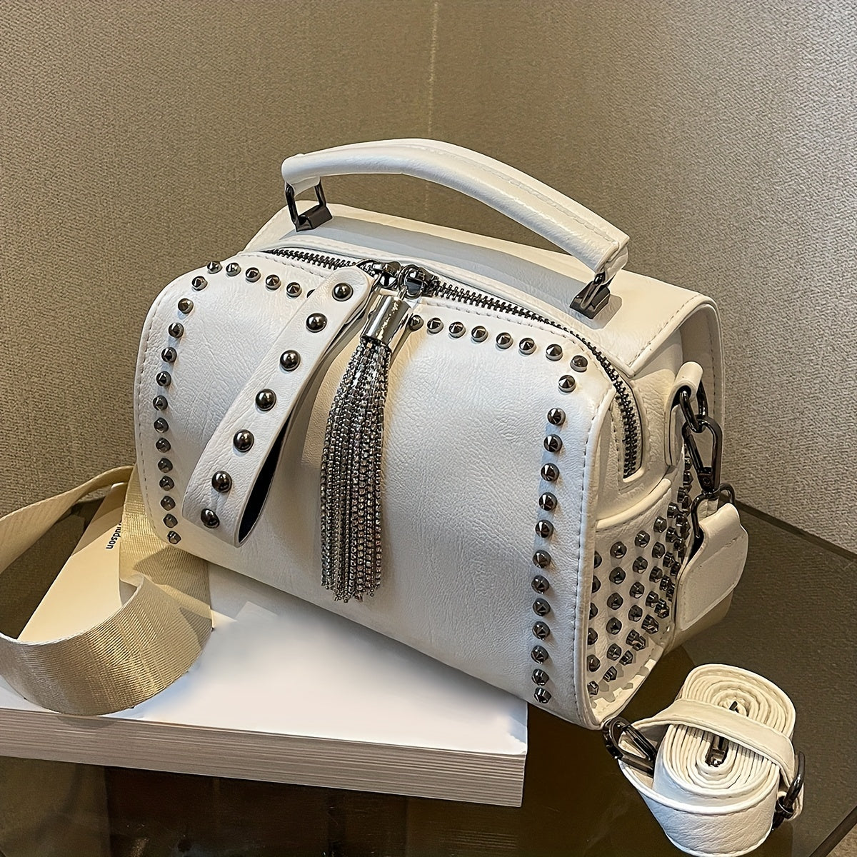 Vintage-Inspired Tassel Embellished Boston Handbag - Women's Fashion Crossbody Bag with Studded Decor, Chains Shoulder Strap, and Y2k Style Novelty Design - Perfect for Wedding Party, Designer Messenger Purse with Punk Rock Flair