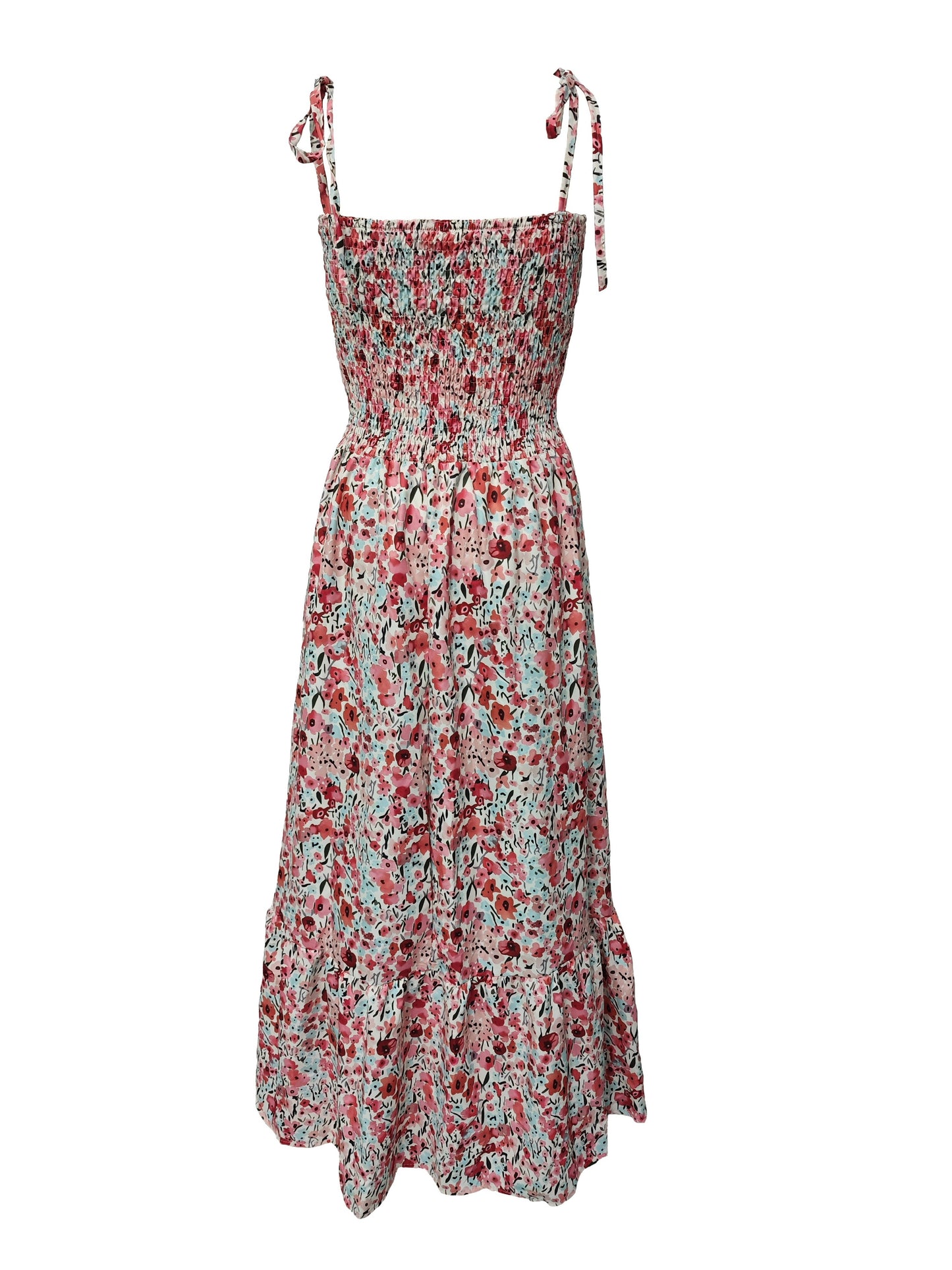 VAKKV Summer Breeze Floral Spaghetti Strap Gown - Sleeveless, Lace-Up, Long Vacation Dress, Easy-Care Polyester