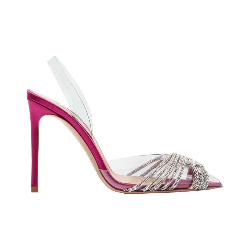 Summer New Women's Roman Rear Strap Pumps Transparent Baotou Rhinestone Pointed Toe High Heels Ultra-High Stiletto Heel Kq8