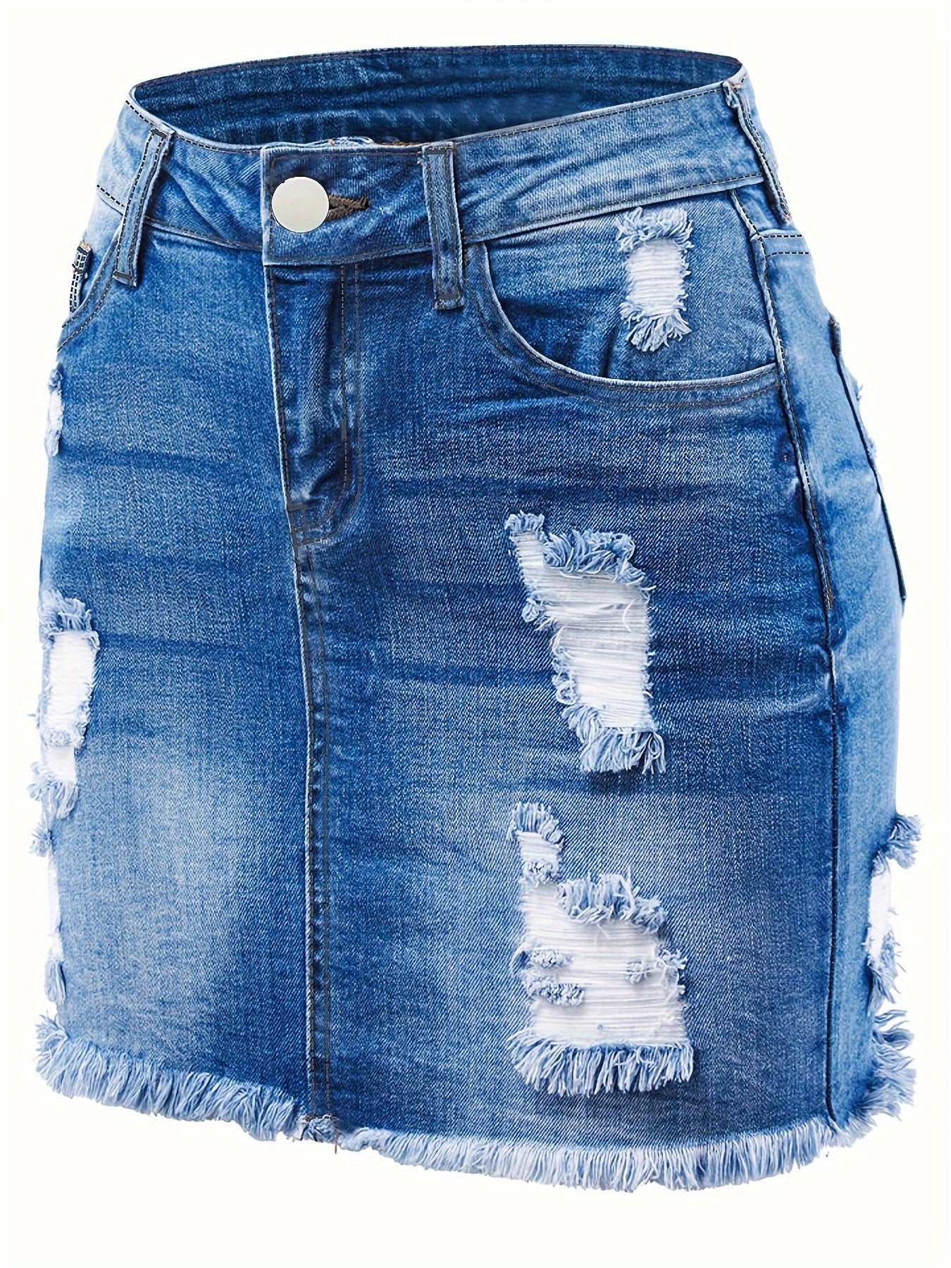 Plain Ripped Holes Denim Mini Skirt, Raw Hem High Stretch Distressed Denim Skirt, Women's Denim Clothing