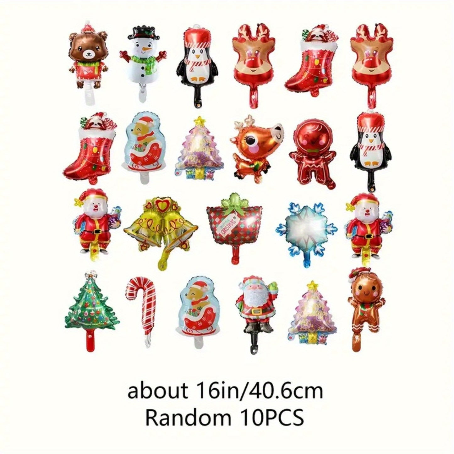 10pcs Mini Cartoon Christmas Balloons Set - Aluminum Film Stick Balloons for Christmas, Birthday, Wedding, Engagement, New Year - Mixed Color Santa, Snowman, Christmas Tree Decorations for Home and Party