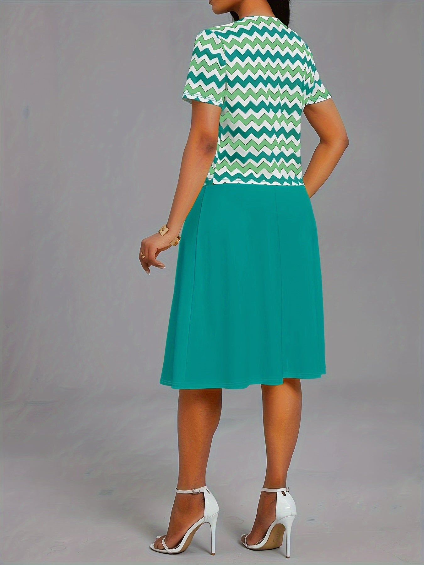 Chic Spring & Summer Dress Set - Stylish Wave Pattern Open Front Cardigan & Soft Solid Color Crew Neck Dress Outfit - Perfect for Casual Elegance