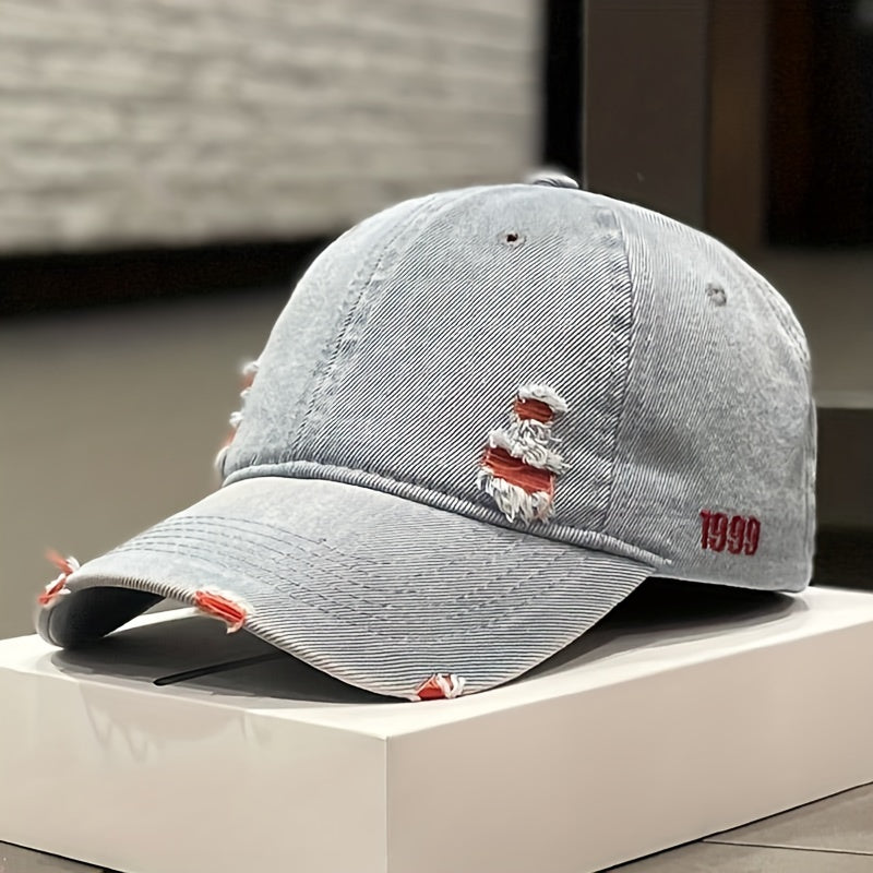 Trendy 1pc Distressed Denim Cap - Rugged Style – Versatile for Casual Wear in Spring to Autumn