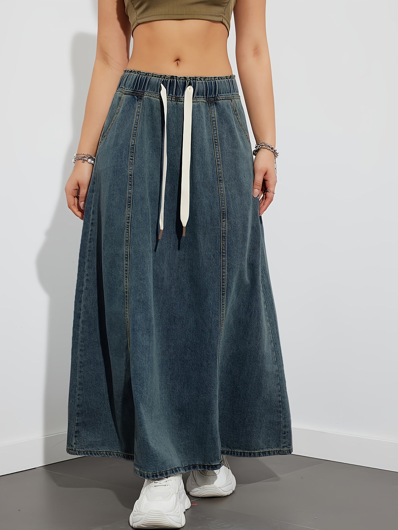 Stylish Women's Maxi Denim Skirt - Drawstring Elastic Waistband, Loose Fit, Plain Washed Blue, Casual Style, Comfortable, Versatile, and Flattering - Perfect for Daily Wear and Outdoor Activities