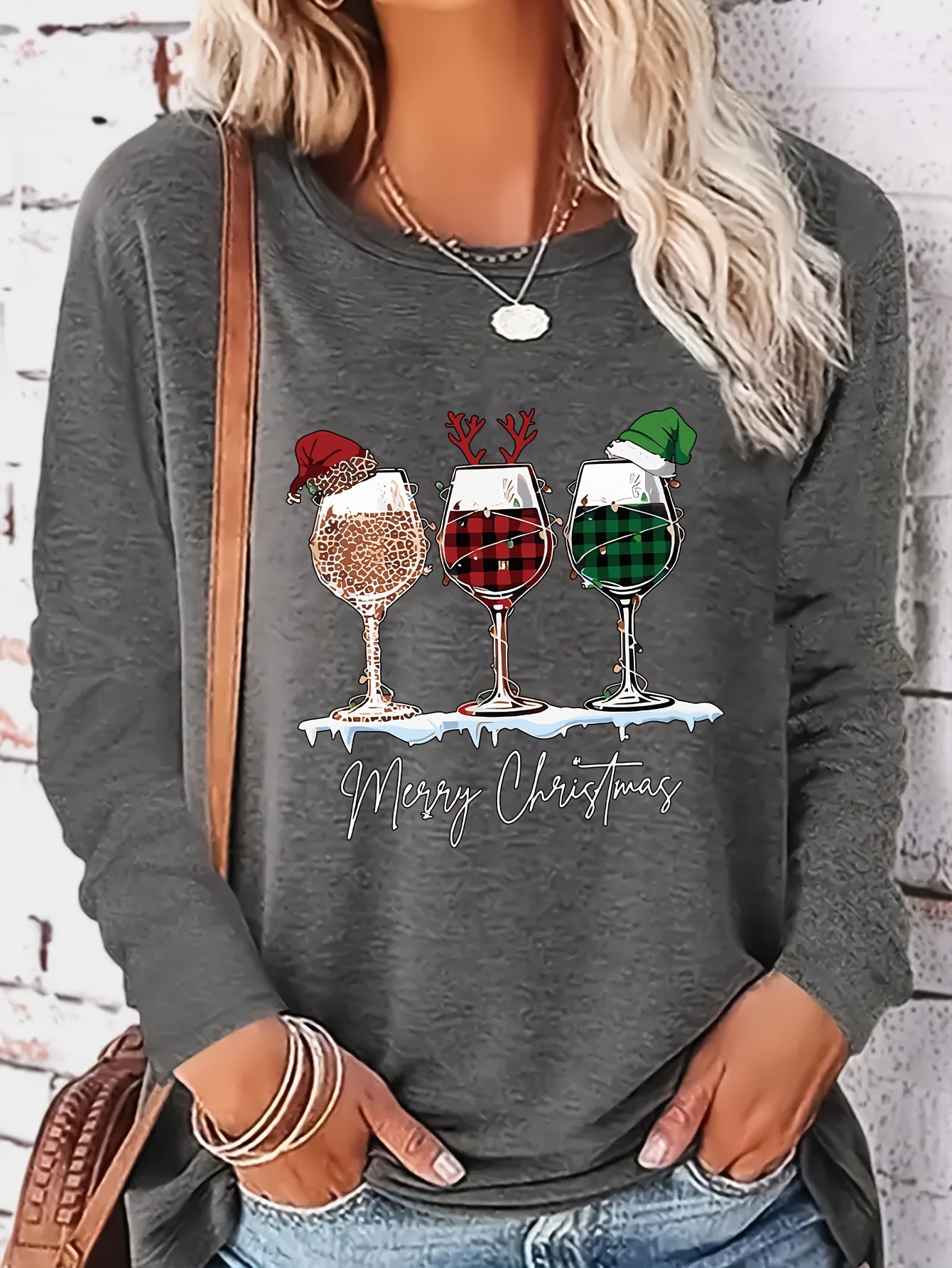 Women's Festive Christmas Wine Glass & Letter Print Long Sleeve T-Shirt - Casual Crew Neck, Polyester, Machine Washable