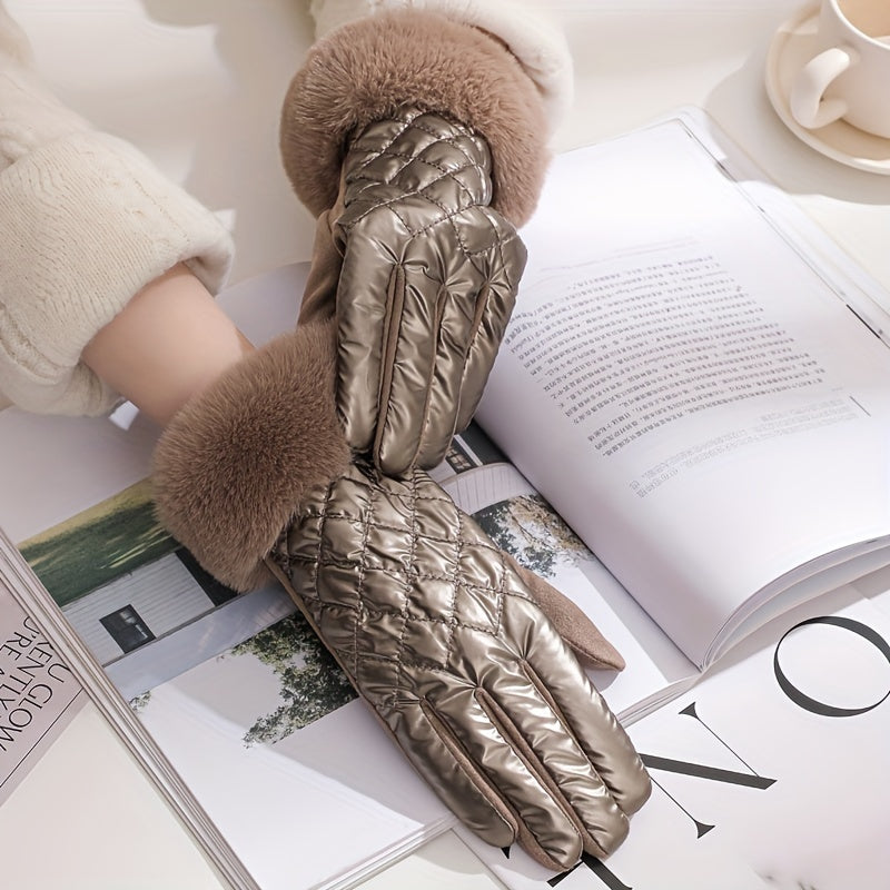 Women's Fashion Quilted Polyester Full Finger Gloves with Faux Fur Trim - Inelastic, Warm, Windproof, Knitted Craftsmanship for Weekend Casual Wear - Pack of 1 Pair