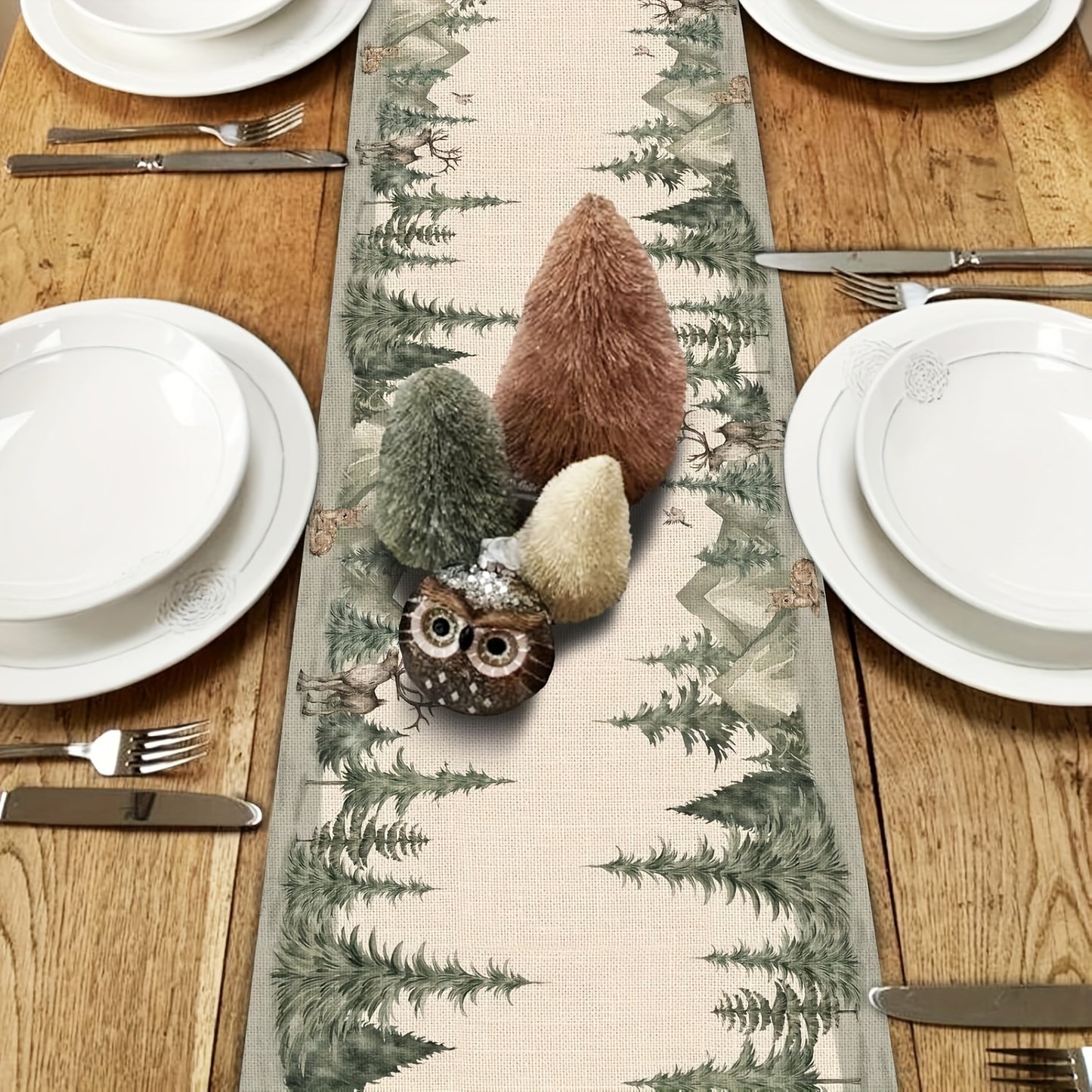 Winter Forest Reindeer and Pine Tree Table Runner, Christmas Moose Watercolor Sparrow Kitchen Decor, Seasonal Woodland Holiday Farmhouse Burlap Look Dining Room Decoration, Woven Polyester Rectangular Table Runner with Solid Color Pattern for Christmas Fe