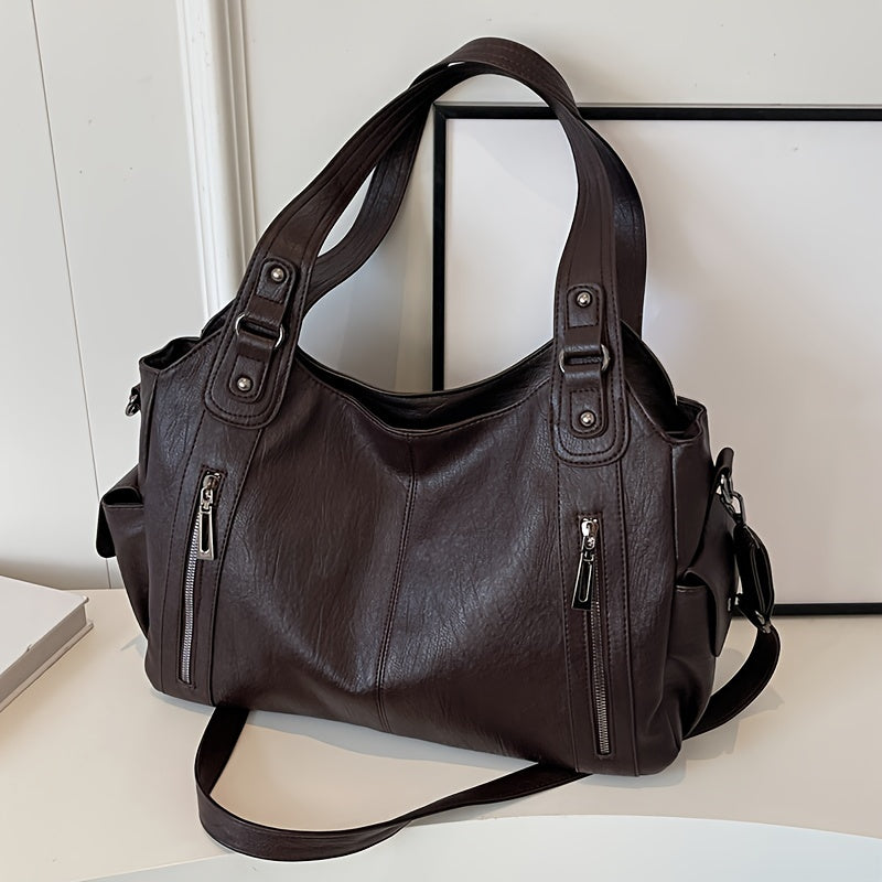 Vintage Chic Large Capacity PU Leather Shoulder Tote Bag - Stylish Women's Crossbody Bag with Maillard Finish, Multiple Pockets, and Adjustable Strap - Black and Coffee Color Options