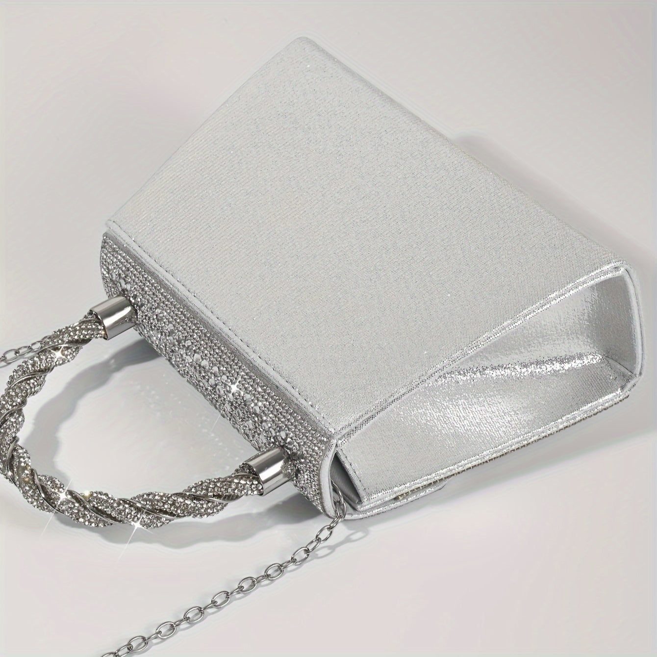Mini Glitter Rhinestone Satchel Dinner Bag - Shiny Silvery Magnetic Closure Party Flap Handbag with Polyester Lining for Women - Solid Color, Decorative, Sparkling, and Elegant Accessory for Special Occasions