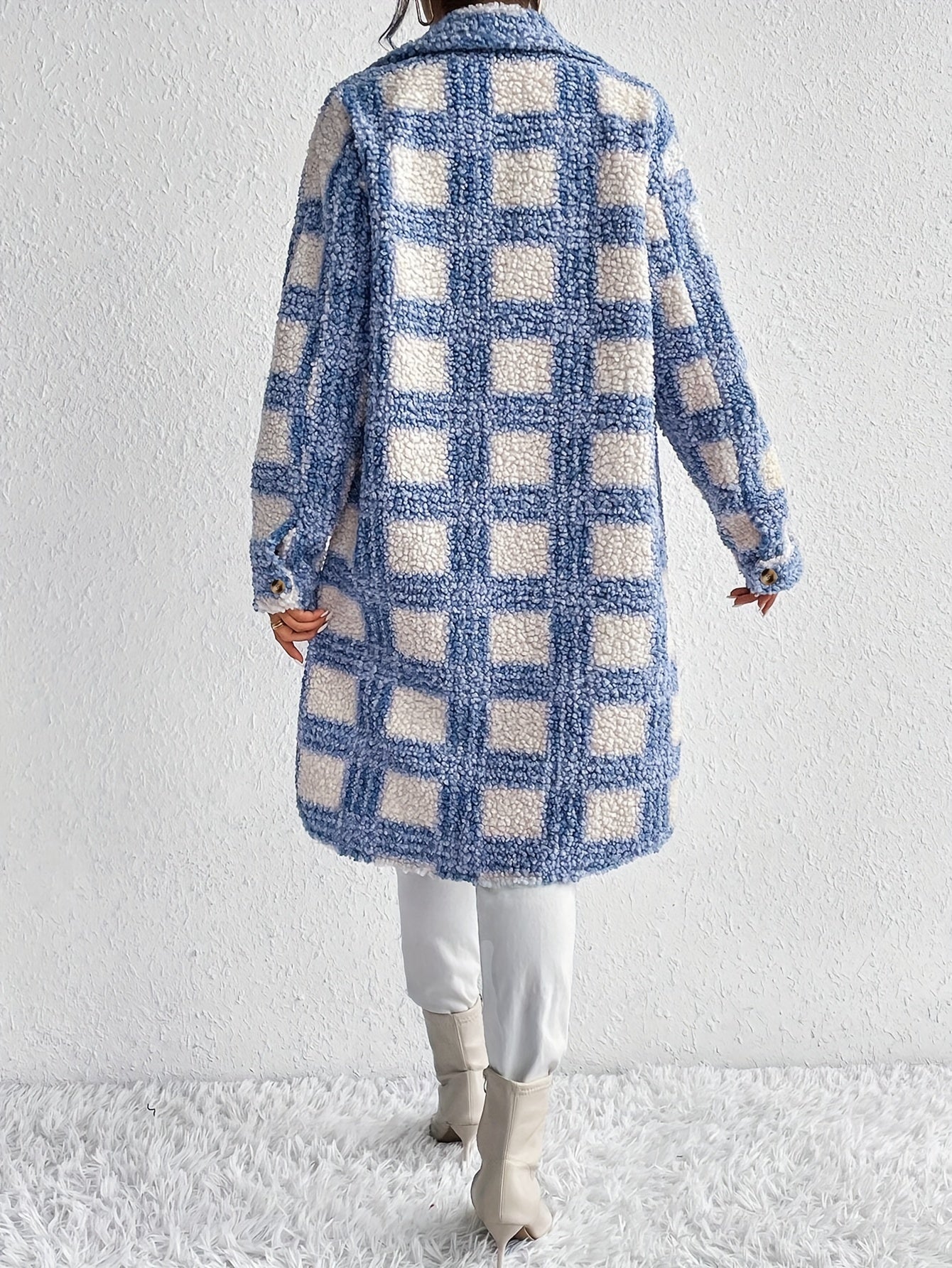 Long Sleeve Elegant Plaid Pattern Button Front Teddy Coat for Fall & Winter, Women's Mid-length Warm Outerwear