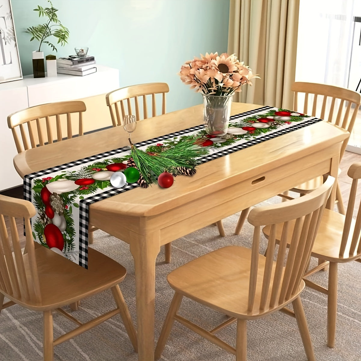 1pc, Christmas Table Runner, Black And White Buffalo Check Plaid Table Cover, Waterproof Stain Resistant Seasonal Winter Holiday Table Runner, Tabletop Protection, Party Family Gather Holidays Decoration, Gift, Home Decor, Scene Decor