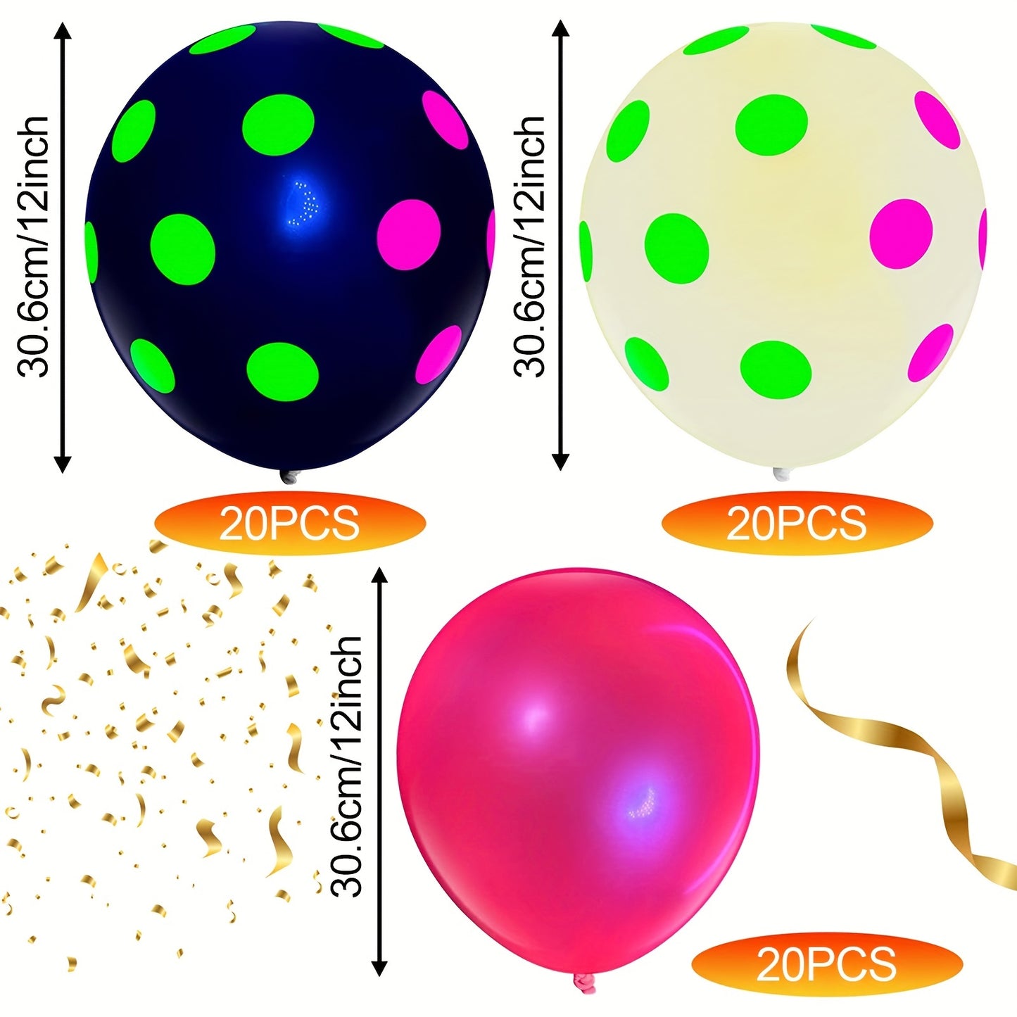 60pcs, Vibrant UV Neon Polka Dot Balloons - 12'' Glow-in-the-Dark Helium Latex Balloons with Luminous Effect - Perfect for Birthday, Wedding, Neon Party, and Glow Party Decorations and Supplies