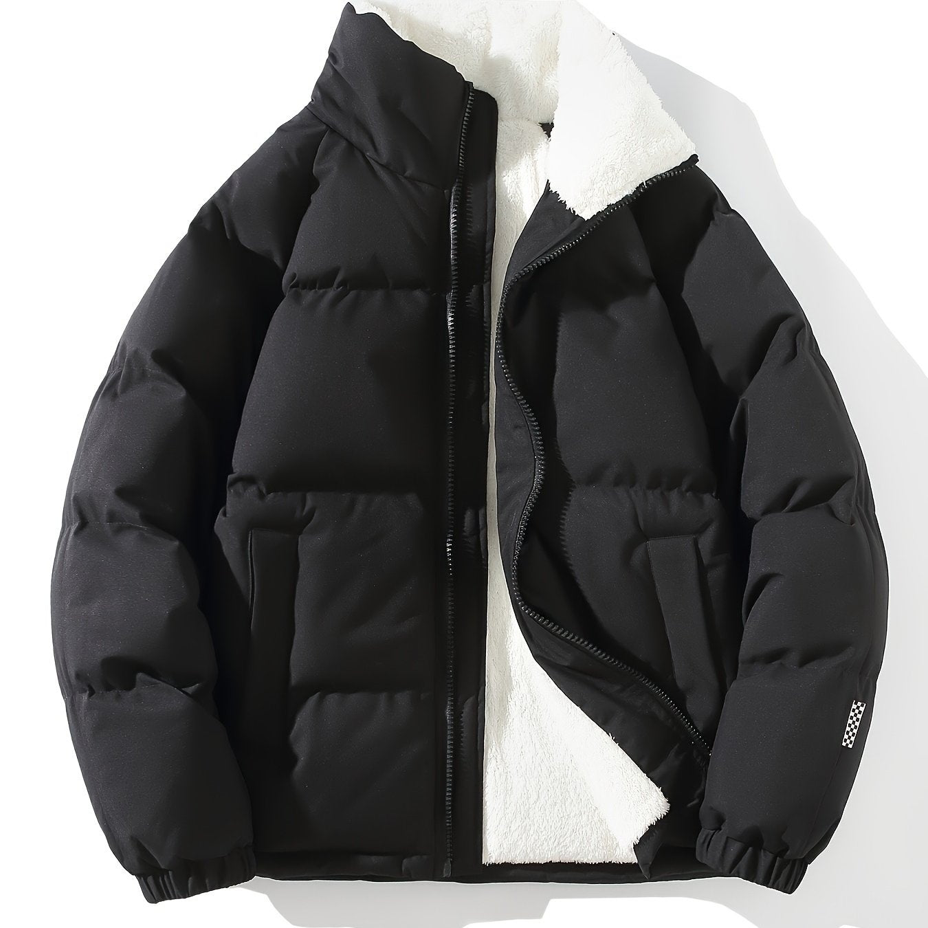 Men's Solid Puffer Coat With Pockets, Casual Breathable Stand Collar Zip Up Long Sleeve Fleece Warm Coat For Winter Outdoor Activities