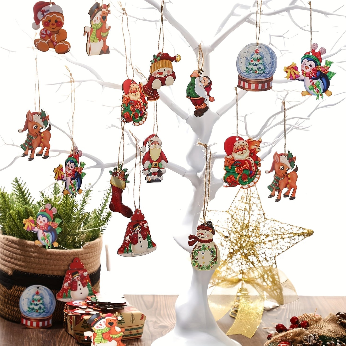 24pcs Wooden Christmas Ornaments, Farmhouse Style Hanging Decor, Vintage Santa Snowman Pendants for Home Party