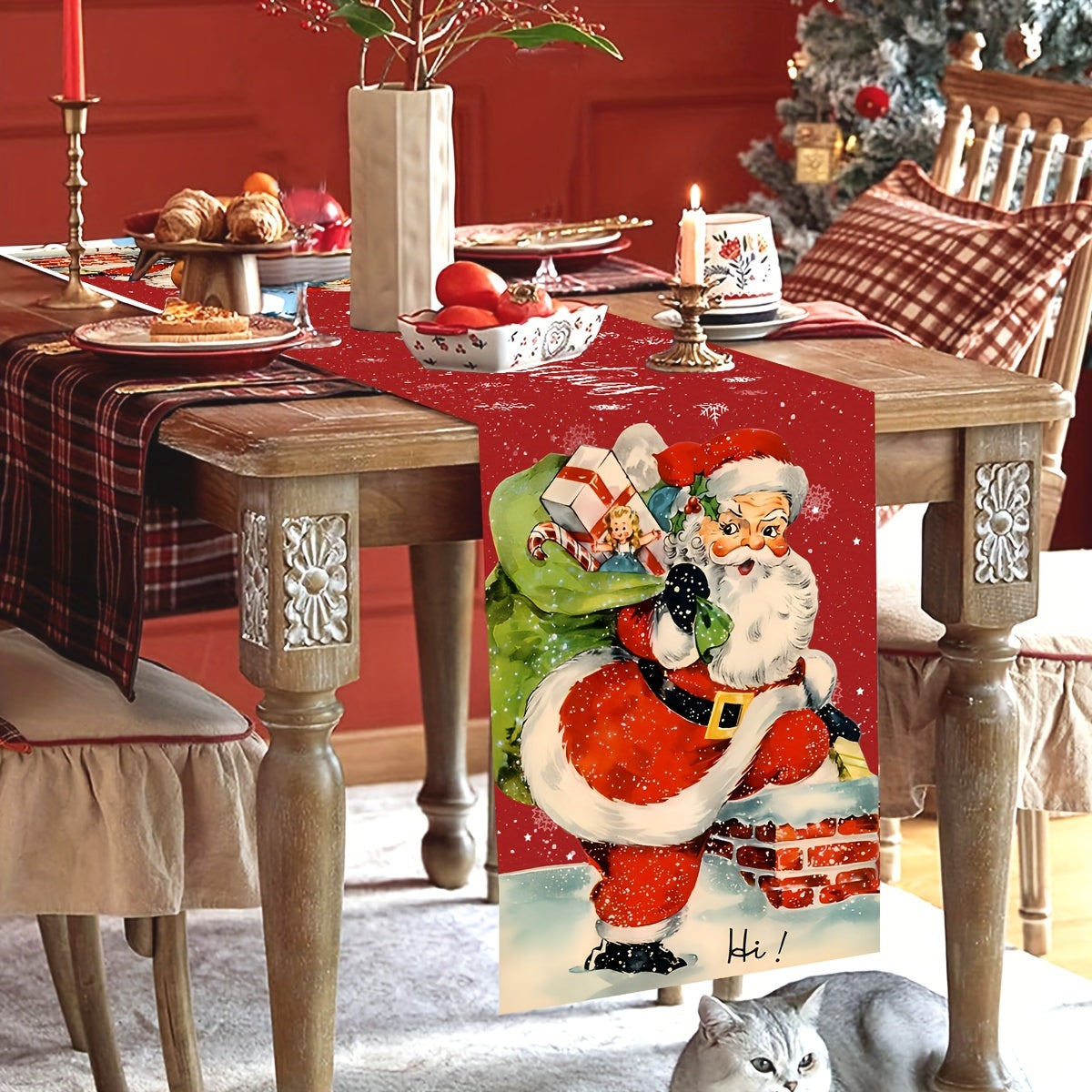 Vintage Country Style Santa Claus Chimney Christmas Table Runner - Polyester, Perfect for Holiday Parties & Home Decor Holiday Decorations