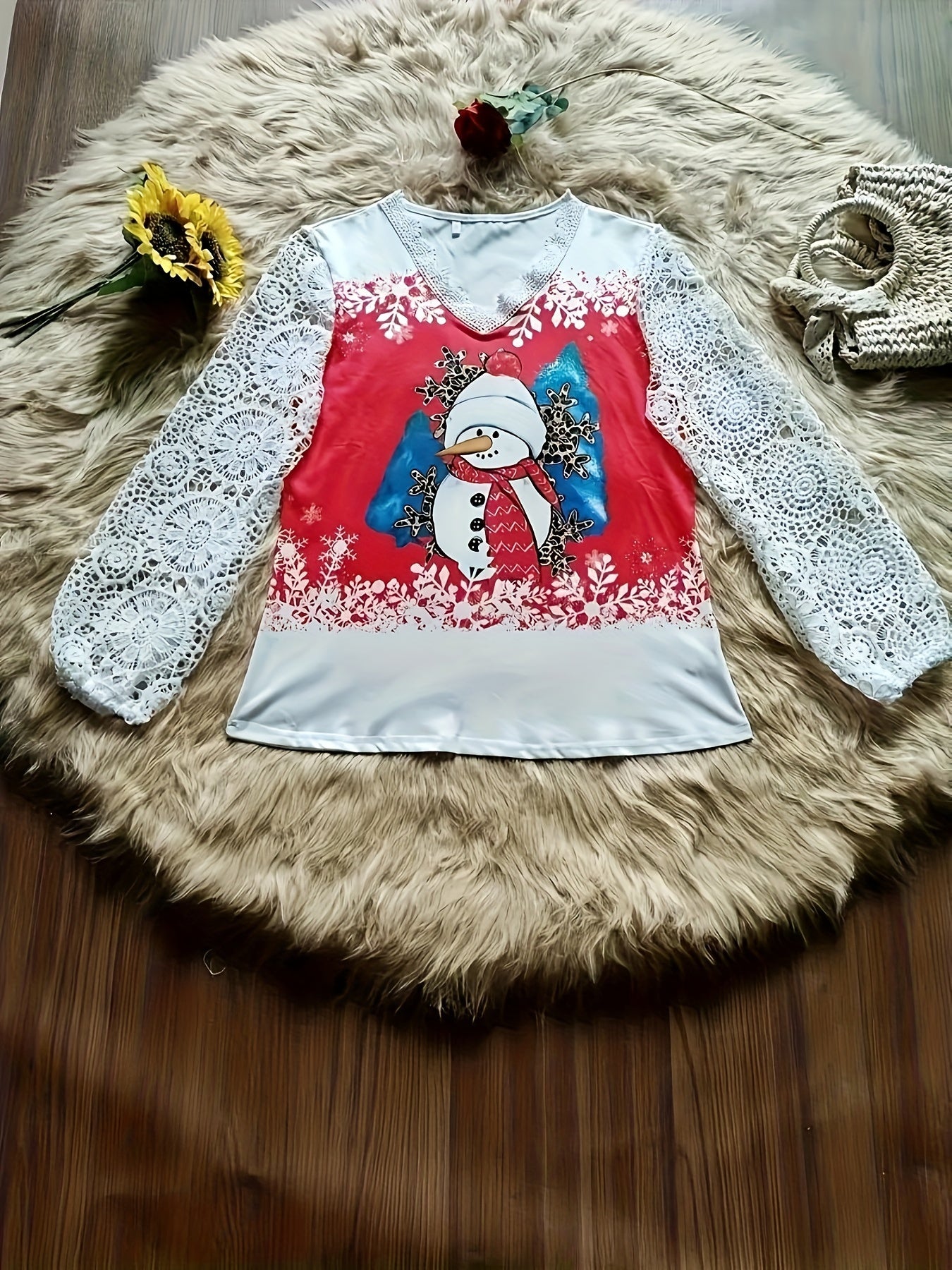Elegant Christmas Lace-Trim V-Neck Top with Snowman Print - Long Sleeve, Machine Washable - Perfect for Spring & Fall