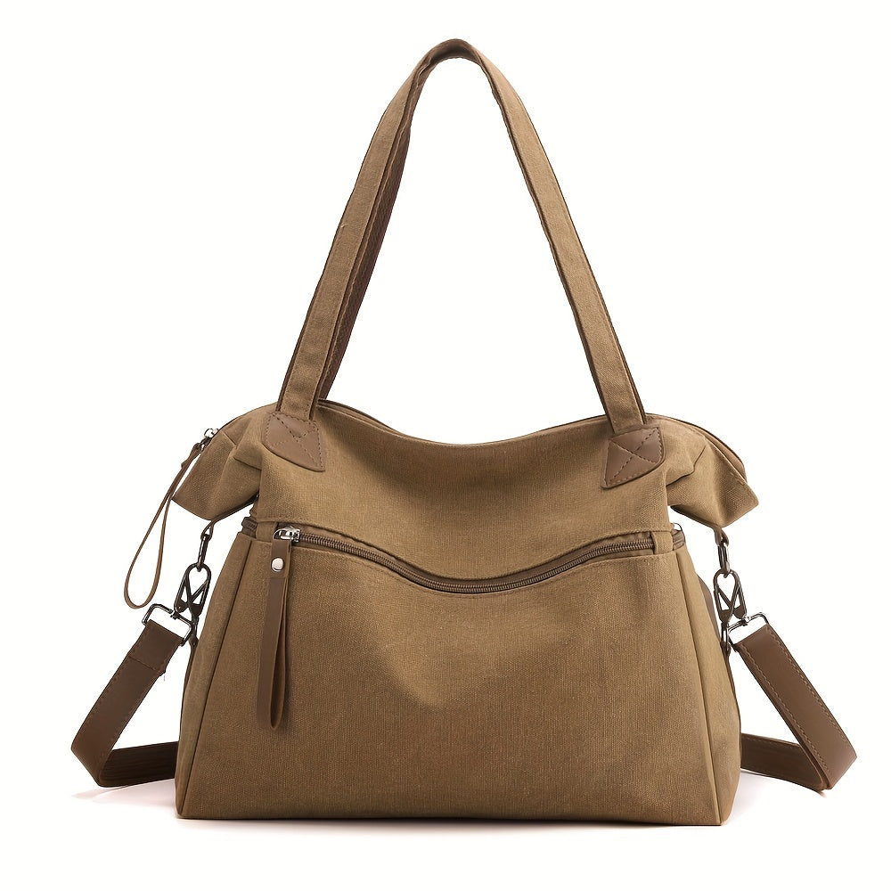Large Capacity Vintage Style Canvas Tote Bag for Women - Adjustable Strap, Zipper Closure, Polyester Lined, Versatile for Work, Commuting, and Travel