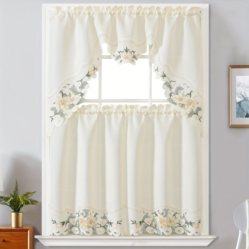 3-Piece Polyester Beige Floral Embroidered Window Curtains - Perfect for Home Decoration in Bedroom, Living Room, Kitchen & More!