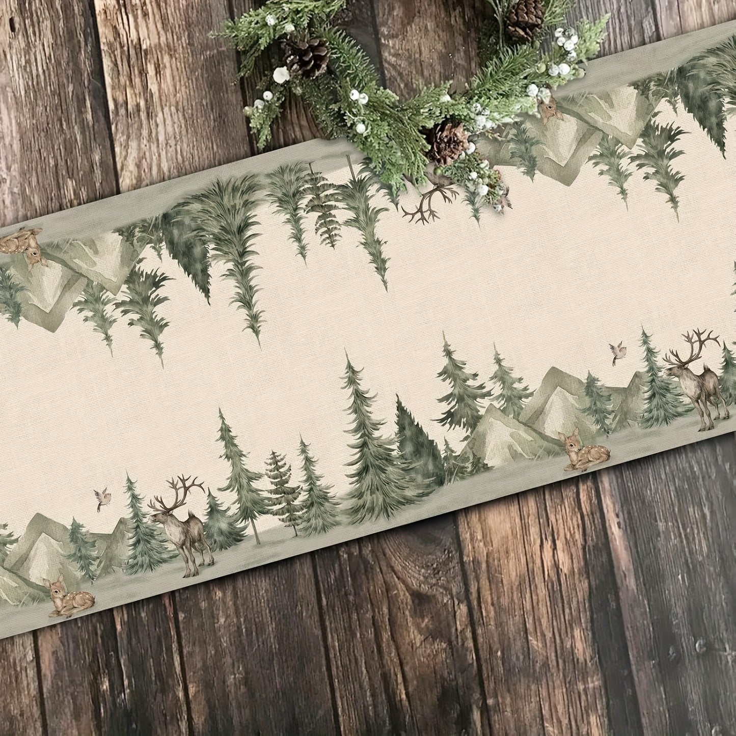Winter Forest Reindeer and Pine Tree Table Runner, Christmas Moose Watercolor Sparrow Kitchen Decor, Seasonal Woodland Holiday Farmhouse Burlap Look Dining Room Decoration, Woven Polyester Rectangular Table Runner with Solid Color Pattern for Christmas Fe