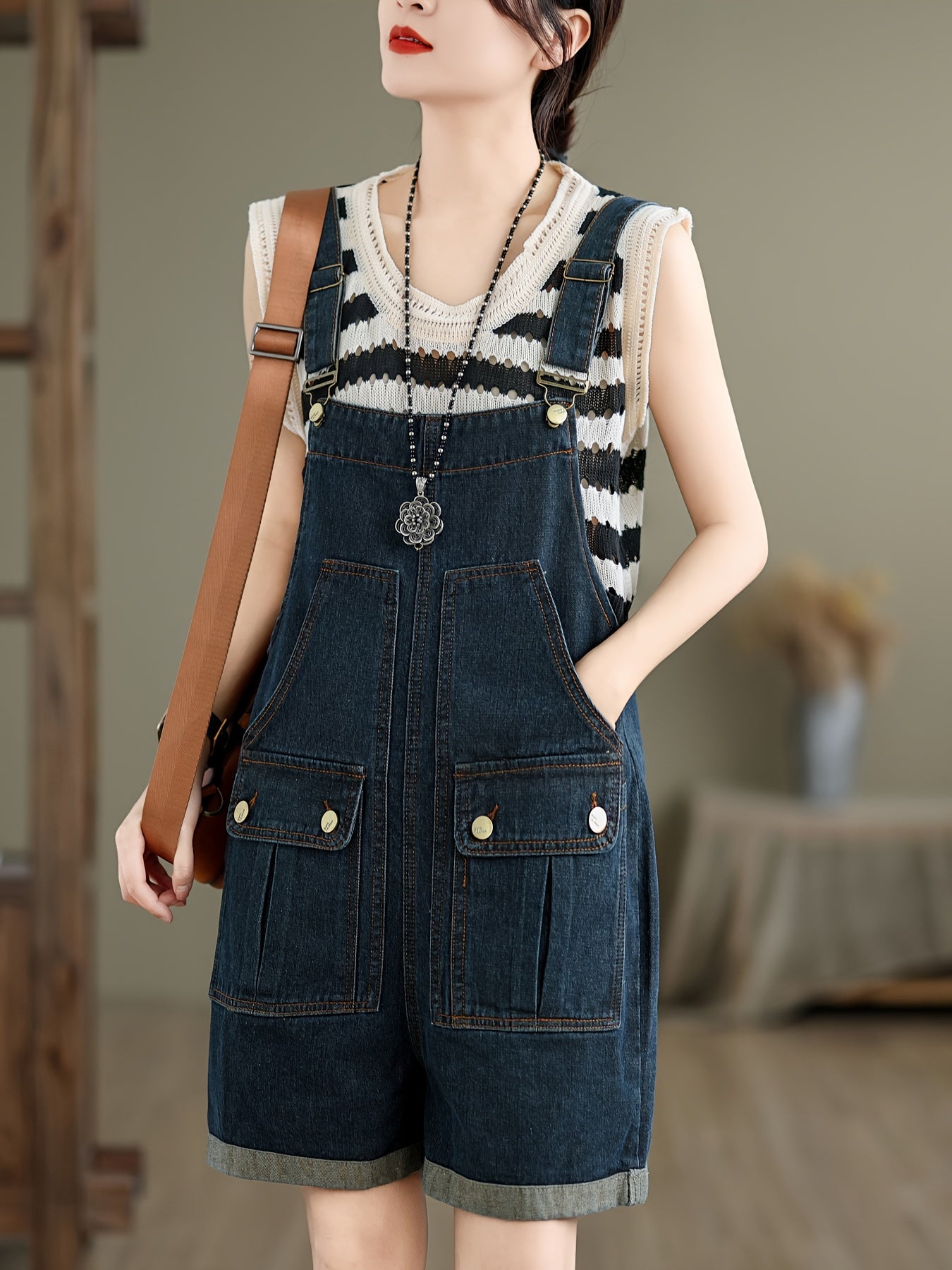 Plain Washed Blue Flap Pocket Adjustable Strap Retro Style Roll Up Hem Denim Overalls Shortalls Dungarees, Women's Denim Jeans & Clothing