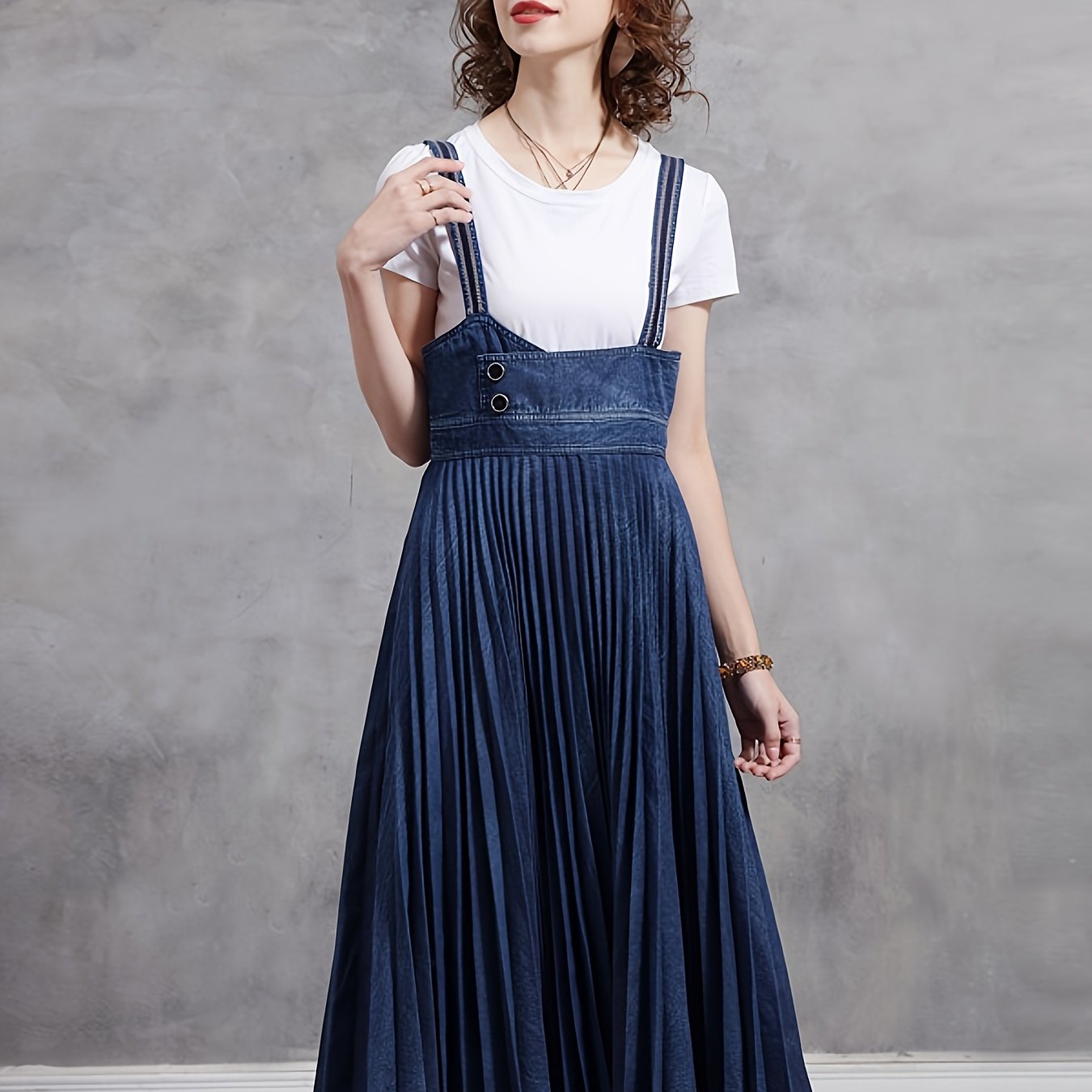 Plain Washed Blue Retro Style Pleated Suspender Denim Dress, Women's Denim Jeans & Clothing