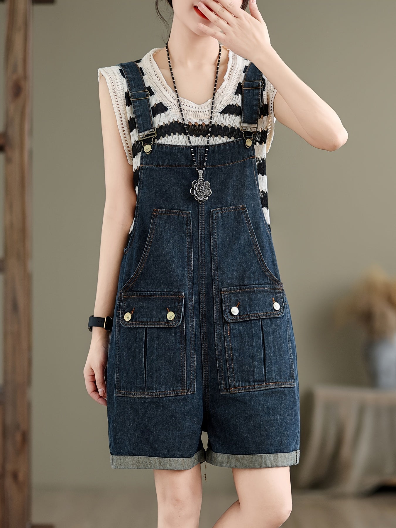 Plain Washed Blue Flap Pocket Adjustable Strap Retro Style Roll Up Hem Denim Overalls Shortalls Dungarees, Women's Denim Jeans & Clothing