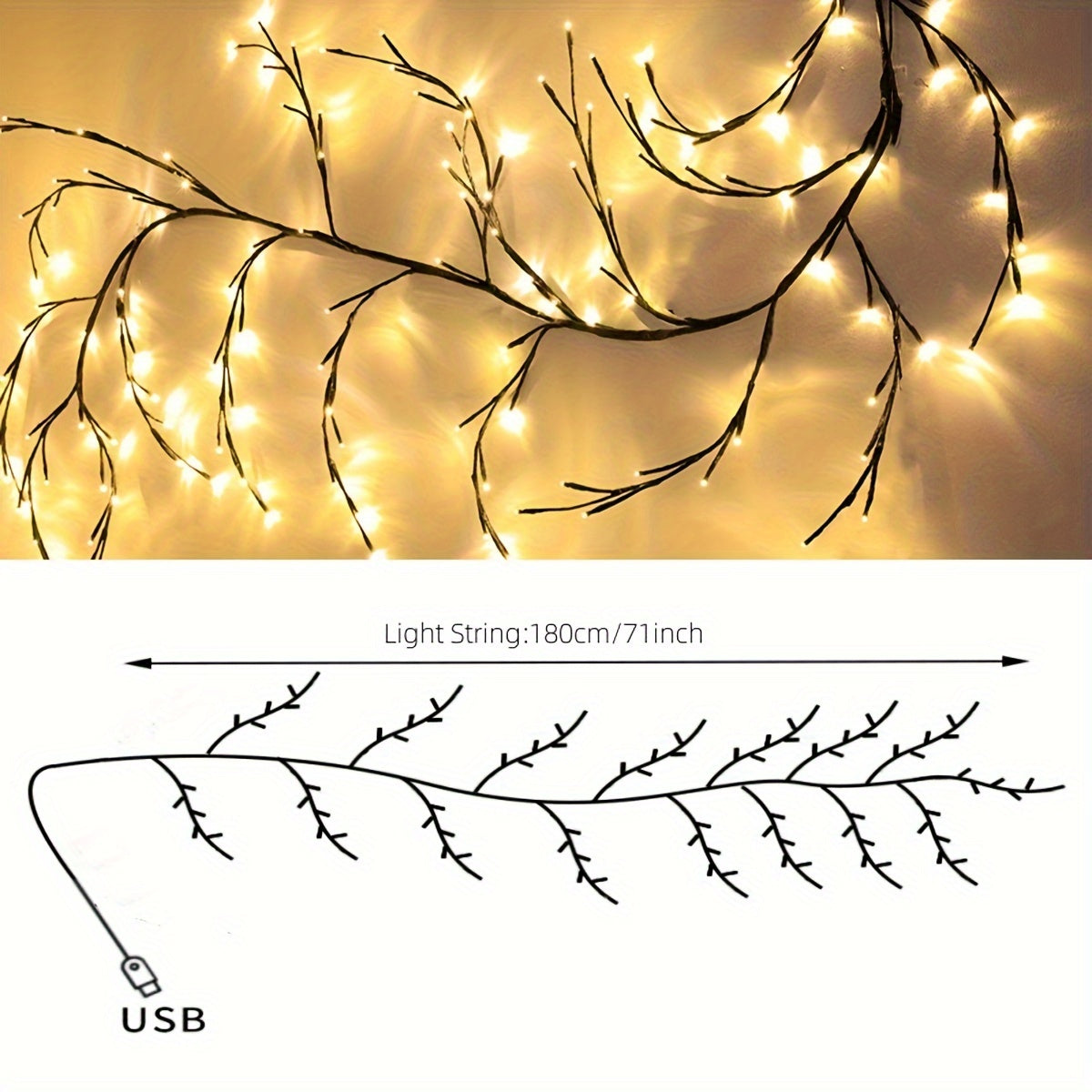 1.8m/5.9Ft Artificial Plants Tree Branches Vines For Room Decor, 96 LEDs Enchanted Willow Vine Lights For Christmas Decorations Indoor Home Decor Halloween Gift