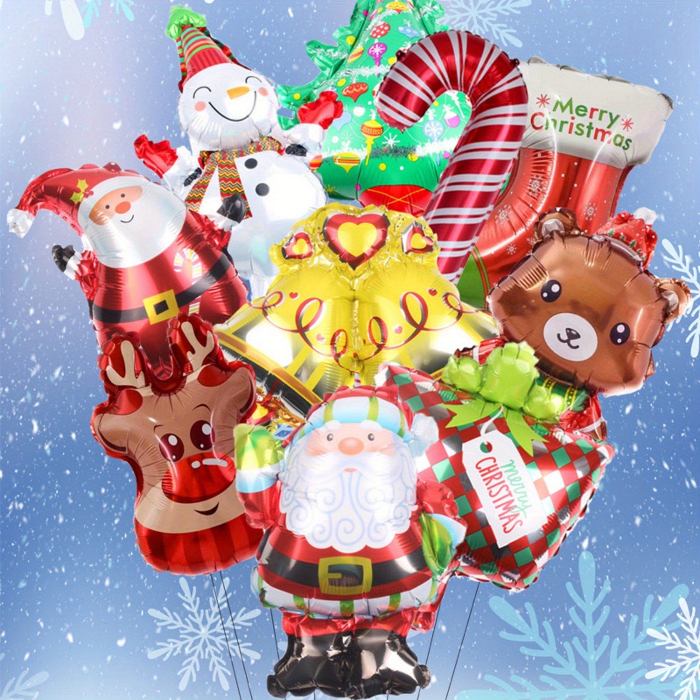 10pcs Mini Cartoon Christmas Balloons Set - Aluminum Film Stick Balloons for Christmas, Birthday, Wedding, Engagement, New Year - Mixed Color Santa, Snowman, Christmas Tree Decorations for Home and Party