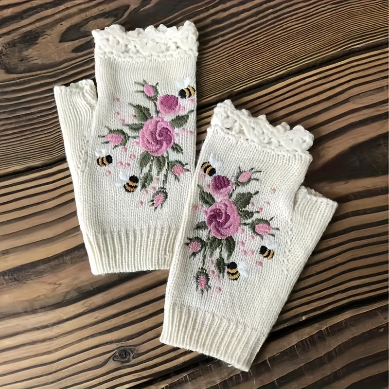 Vintage-Inspired Embroidered Floral Knit Gloves with Lace Trim - Touchscreen Compatible, Warm Half Finger Design for Women, Perfect for Fall & Winter