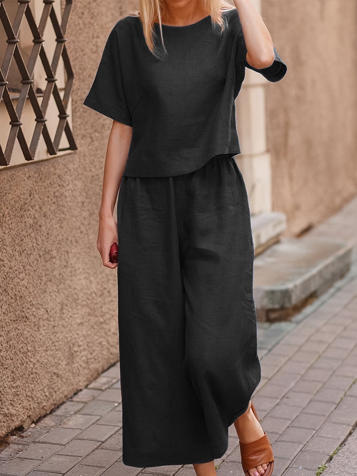 Relaxed Fit Casual Pantsuit Outfit - Vibrant Solid Color, Comfortable Short Sleeve T-shirt, Flattering Wide Leg Pants for Womens Clothing - Perfect for Warm Weather and Everyday Wear