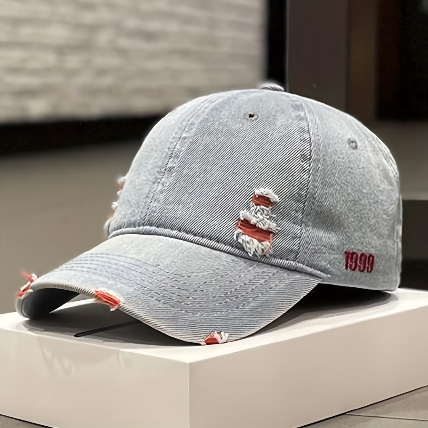 Trendy 1pc Distressed Denim Cap - Rugged Style – Versatile for Casual Wear in Spring to Autumn