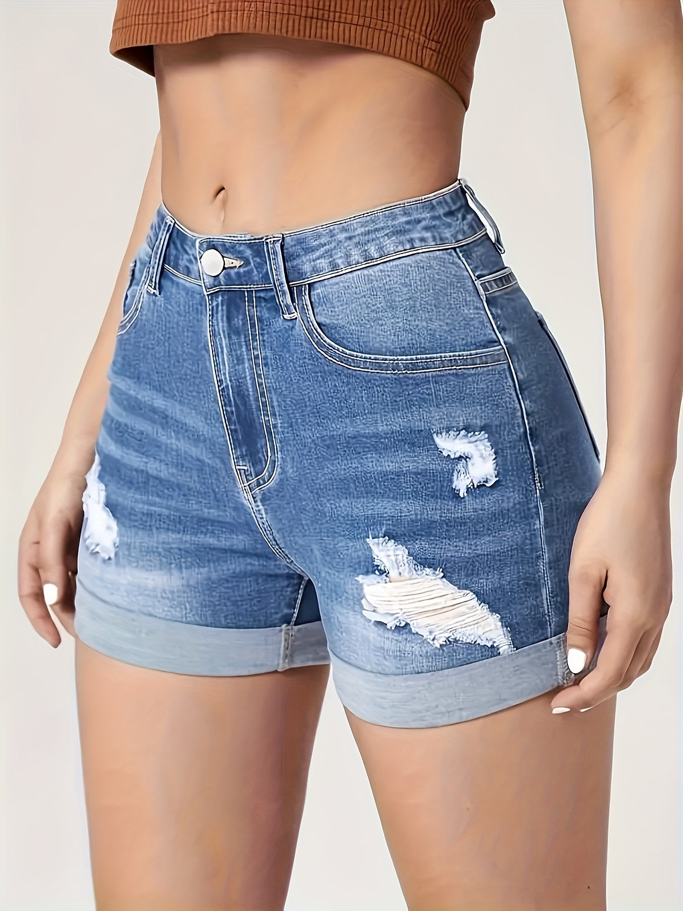 Womens High Stretch Ripped Denim Shorts - Fashionable Roll-Up Hem, Whiskering Detail, Slash Pockets - Casual Premium Jeans & Clothing Staple
