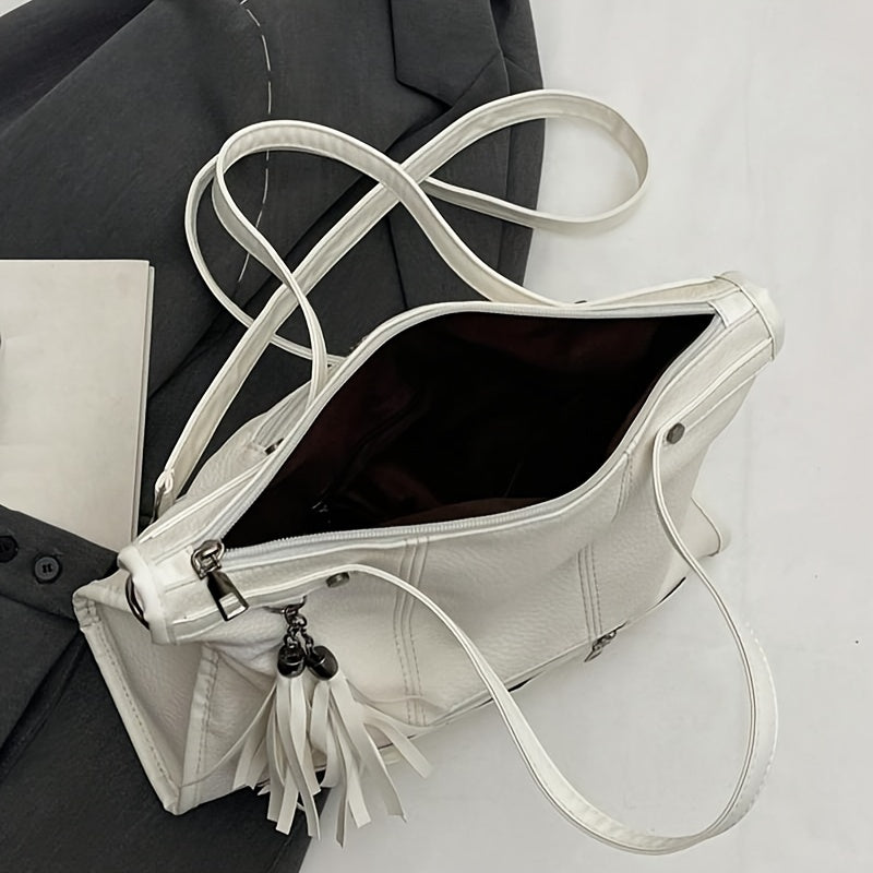 Fashionable Shoulder Bag For Women, New Trend Casual Tassel Pendant Decoration, Large Capacity Tote Bag, Solid Color Rivet Inlay Design, Crossbody Bag, Retro And Stylish Handbag Suitable For Daily Commuting, Outdoor Shopping