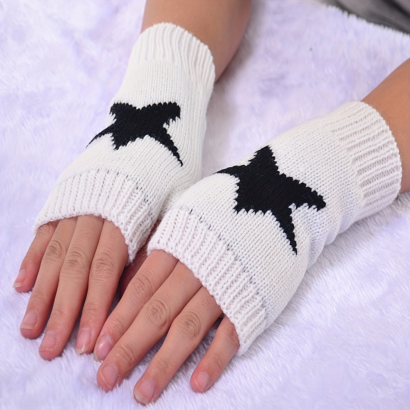 Cozy Knit Fingerless Gloves with Geometric Pentagram Design - Warm, Hand-Washable for Women | Perfect for Fall/Winter Outdoor Leisure