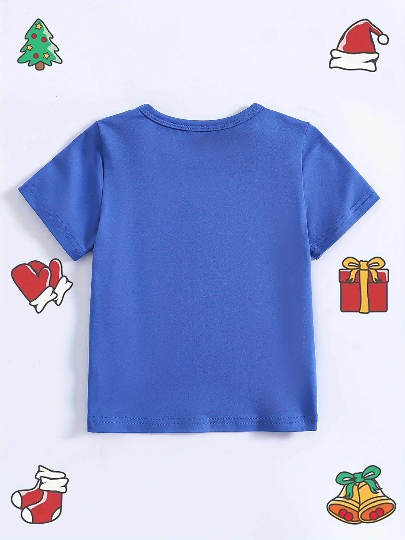 Fun Boys' Cartoon Santa and Reindeer Print Casual Crew Neck Polyester T-Shirt for Summer - Kids Merry Christmas Tops with Slight Stretch