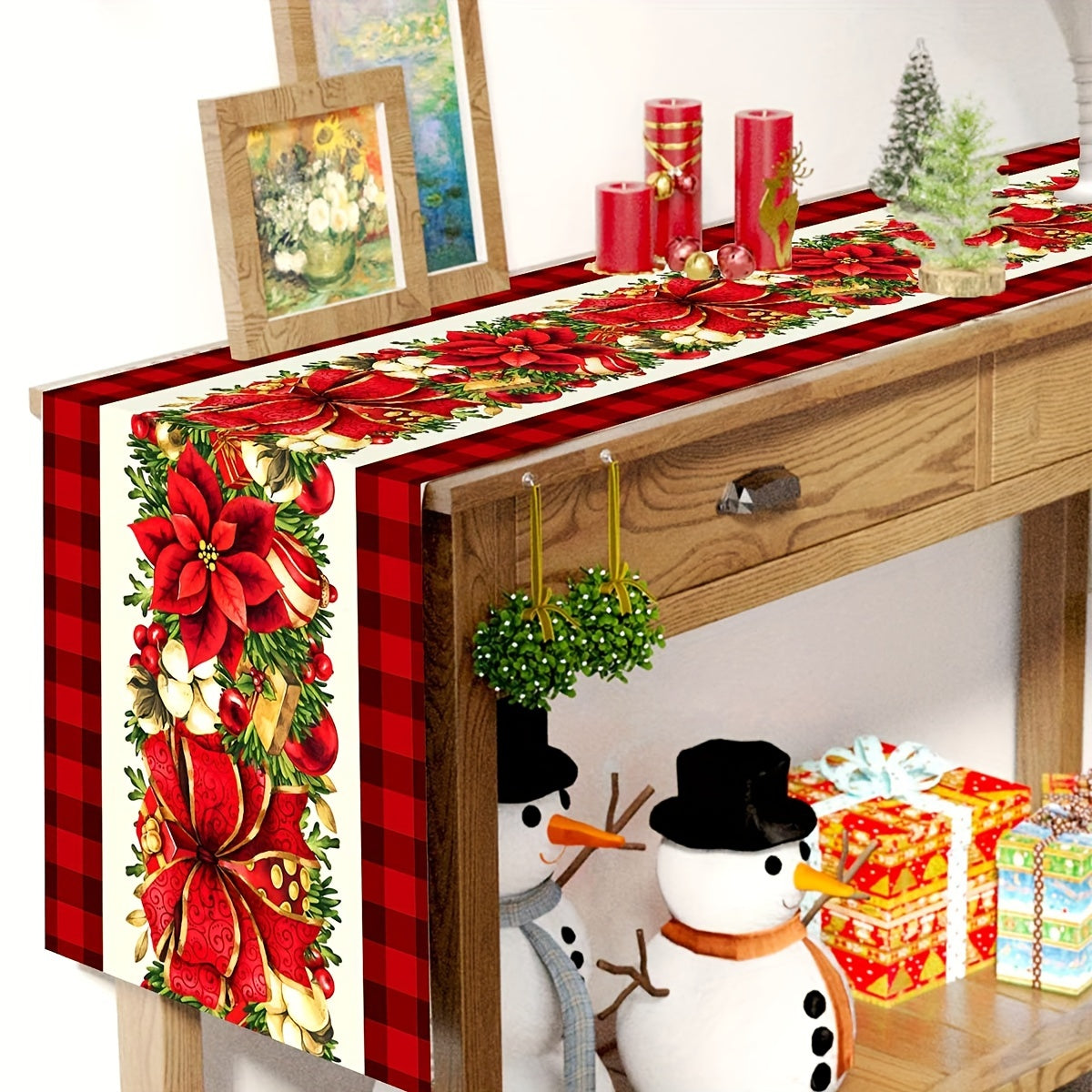 Festive Christmas Table Runner: 1PC Polyester Table Runner with Christmas Floral and Gift Elements, Perfect for Winter Holidays and Family Gatherings
