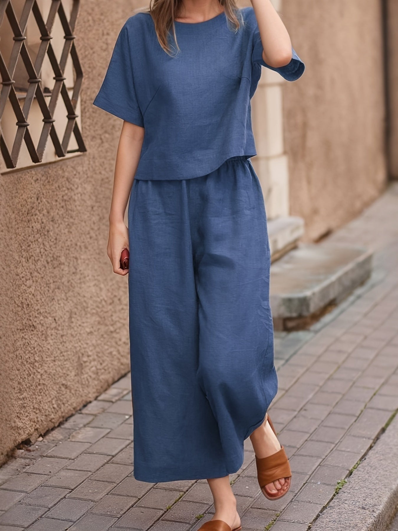 Relaxed Fit Casual Pantsuit Outfit - Vibrant Solid Color, Comfortable Short Sleeve T-shirt, Flattering Wide Leg Pants for Womens Clothing - Perfect for Warm Weather and Everyday Wear