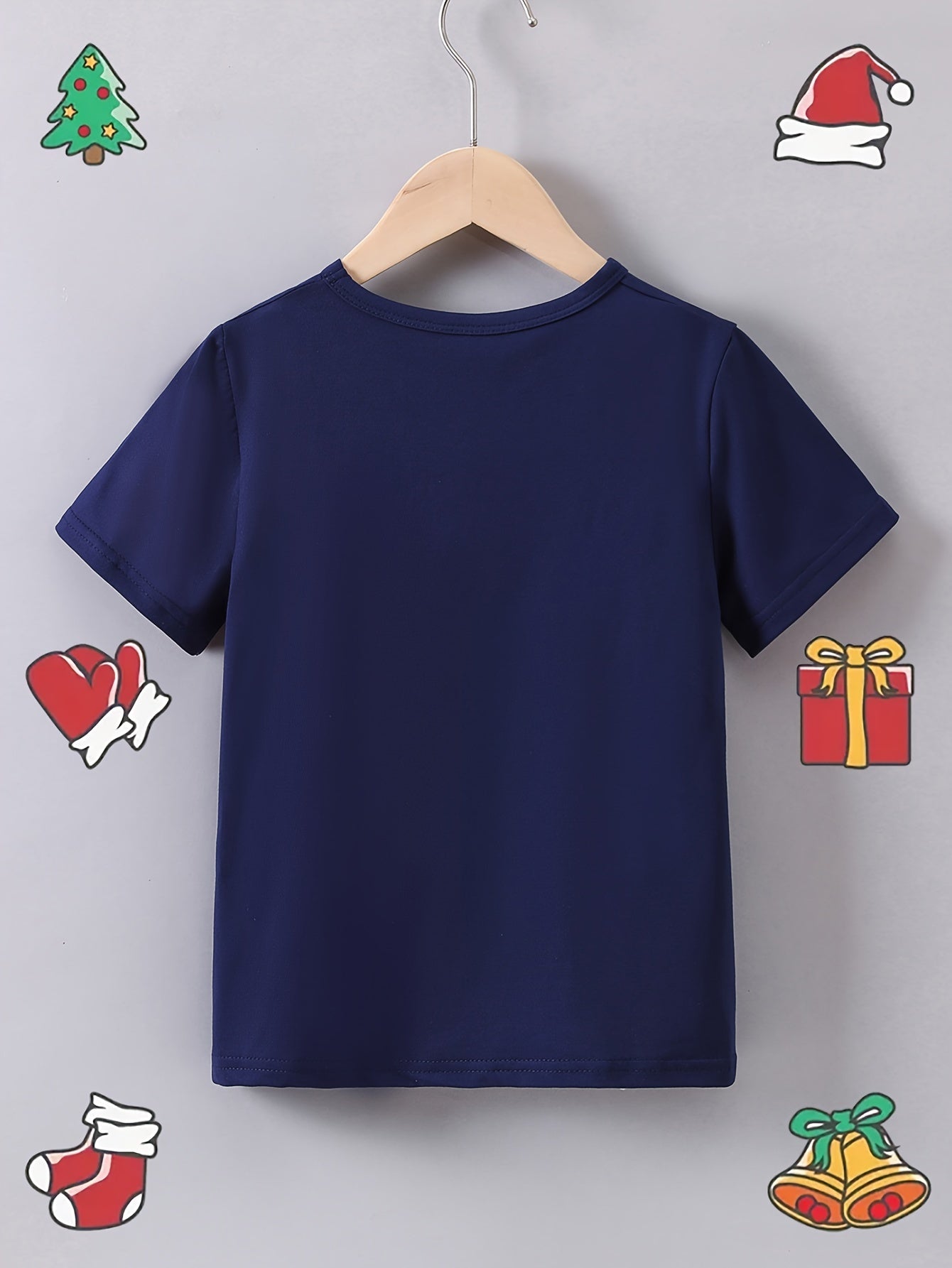 Fun Boys' Cartoon Santa and Reindeer Print Casual Crew Neck Polyester T-Shirt for Summer - Kids Merry Christmas Tops with Slight Stretch