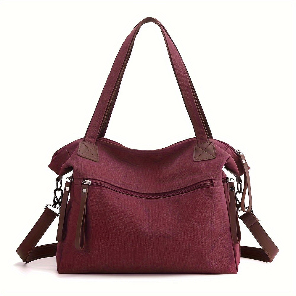 Large Capacity Vintage Style Canvas Tote Bag for Women - Adjustable Strap, Zipper Closure, Polyester Lined, Versatile for Work, Commuting, and Travel