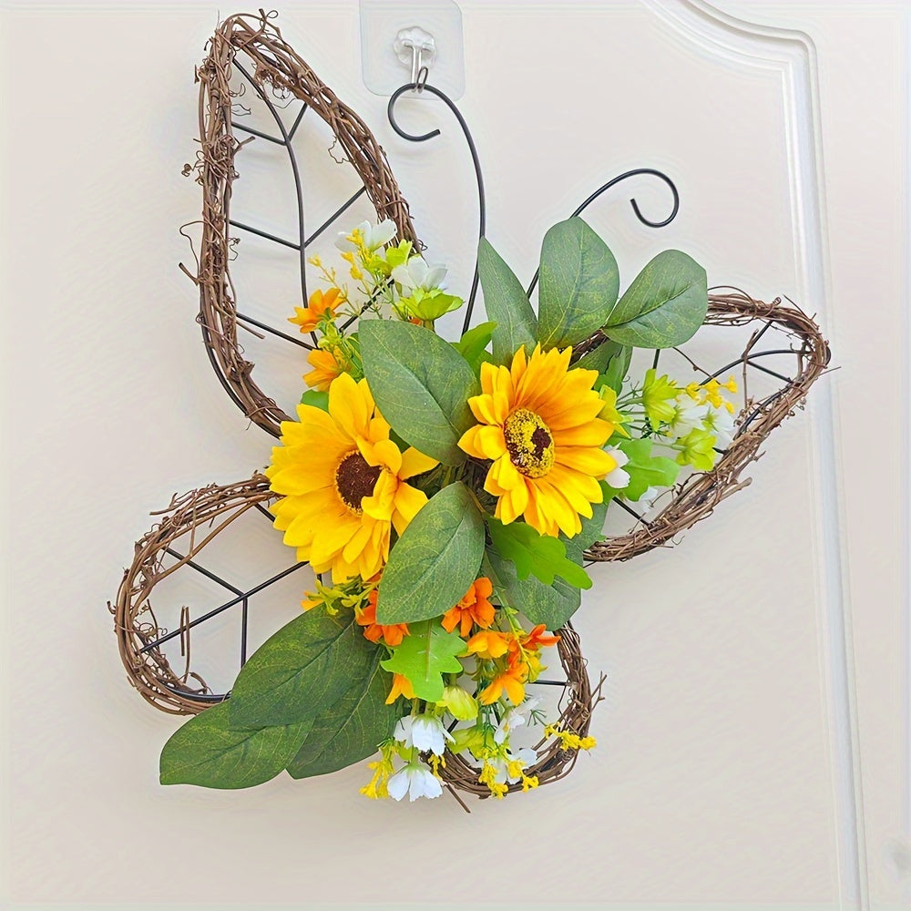 1pc, Spring Wreath, Butterfly Wreath, Sunflower Wreath, For Front Door Decoration, Spring Door Wreath, Spring Farmhouse Wreath, Mother's Day Wreath, Spring, Butterfly, Spring Decoration, Wreath, Autumn Door Decoration, Thanksgiving Wreath