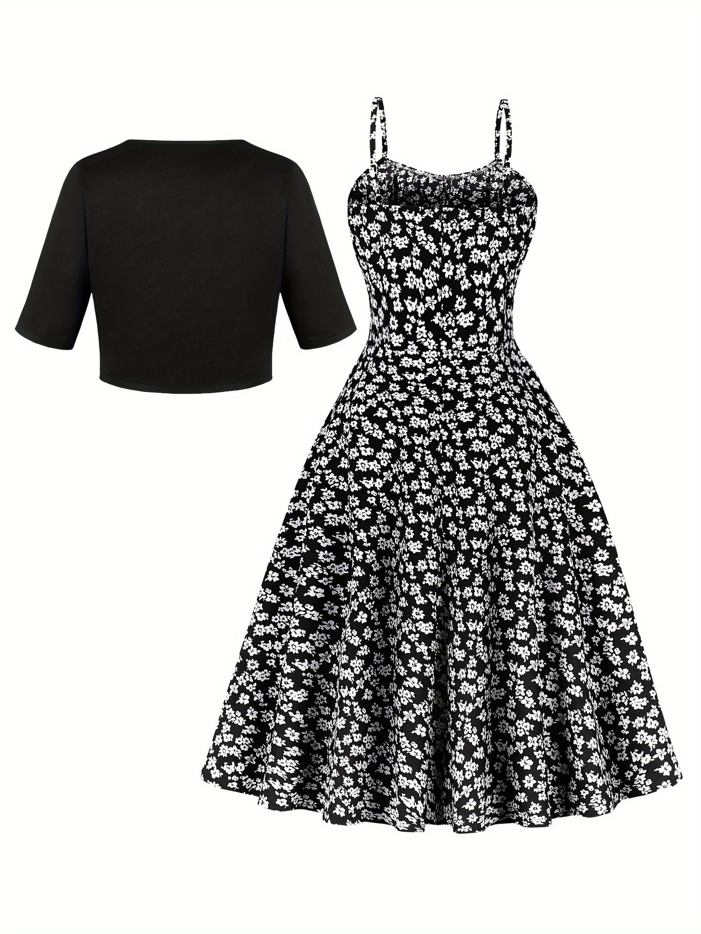 VAKKV Spring & Summer Chic Dress Set - Vibrant Floral Print Spaghetti Strap Dress with Solid Color Open Front Outerwear, Perfect for Womens Clothing, Ideal for Outdoor Activities in Spring & Summer Seasons