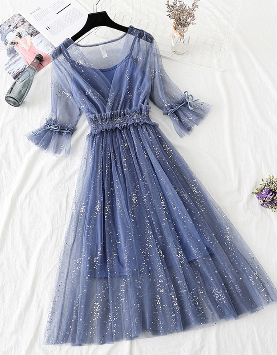 VAKKV A Line Two Pieces Tulle Dress With Sequins P336