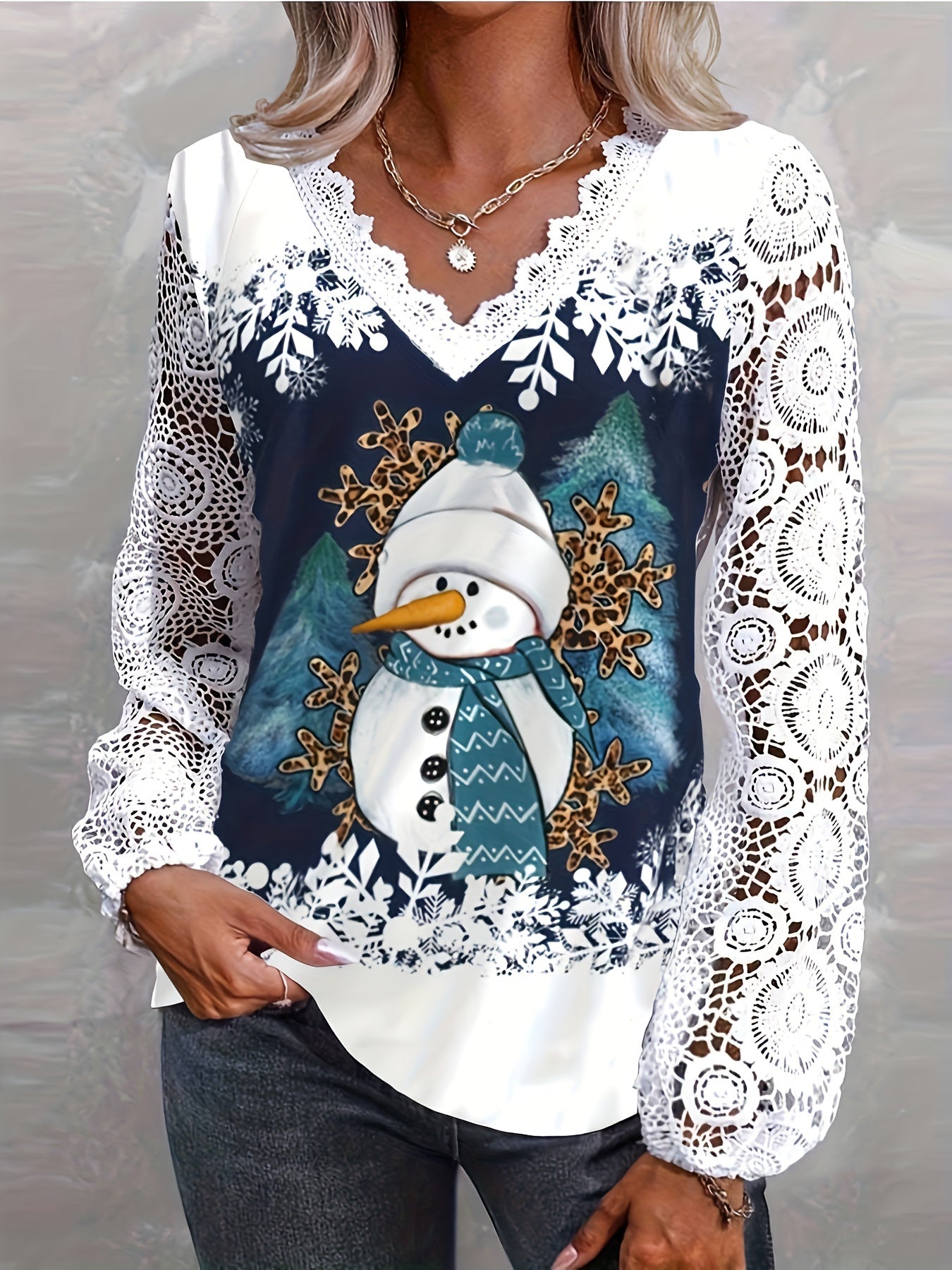 Elegant Christmas Lace-Trim V-Neck Top with Snowman Print - Long Sleeve, Machine Washable - Perfect for Spring & Fall